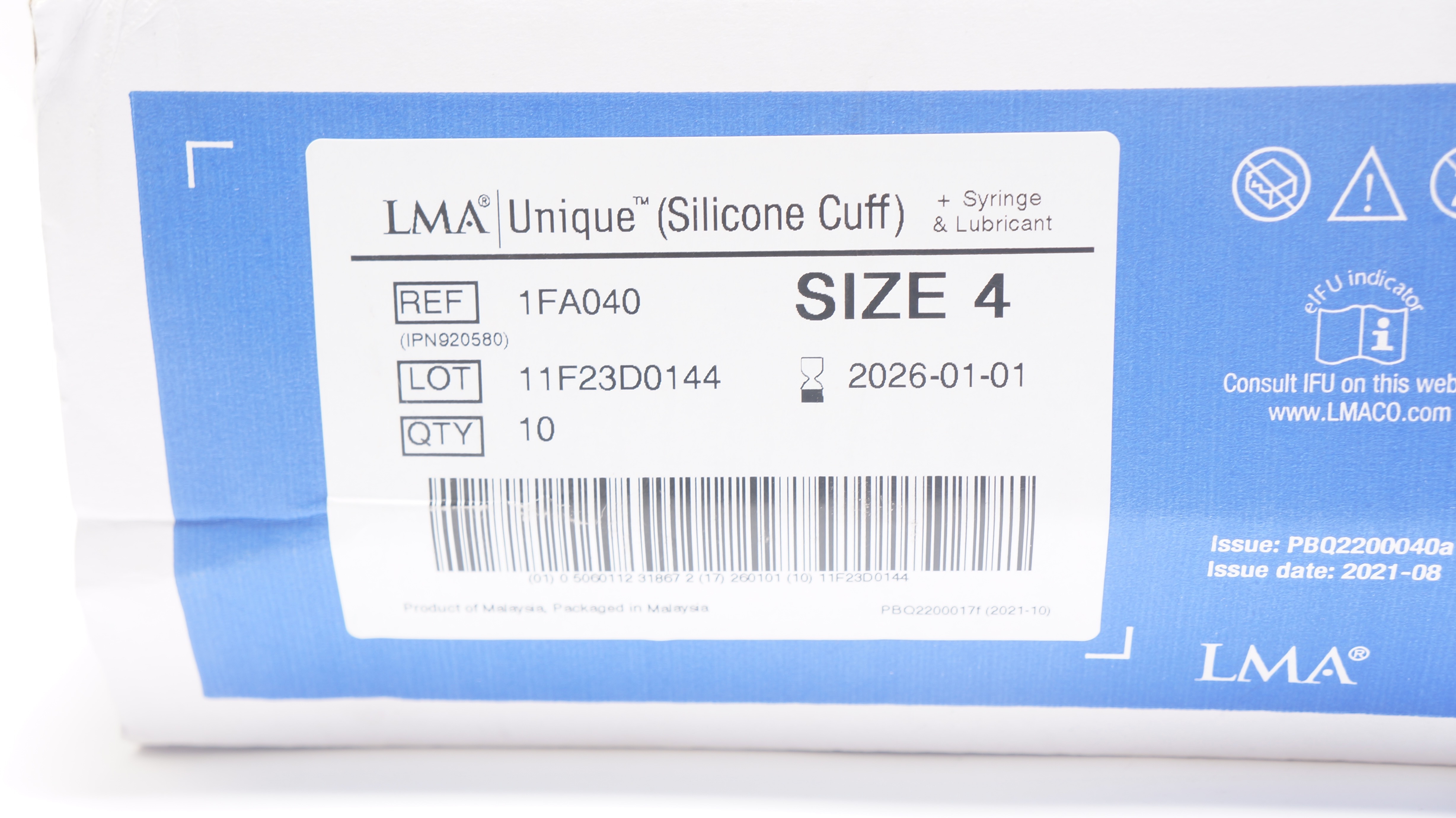 Teleflex 1FA040 LMA Unique Silicone Cuff + Syringe&Lubricant, Size 4 - Box of 9