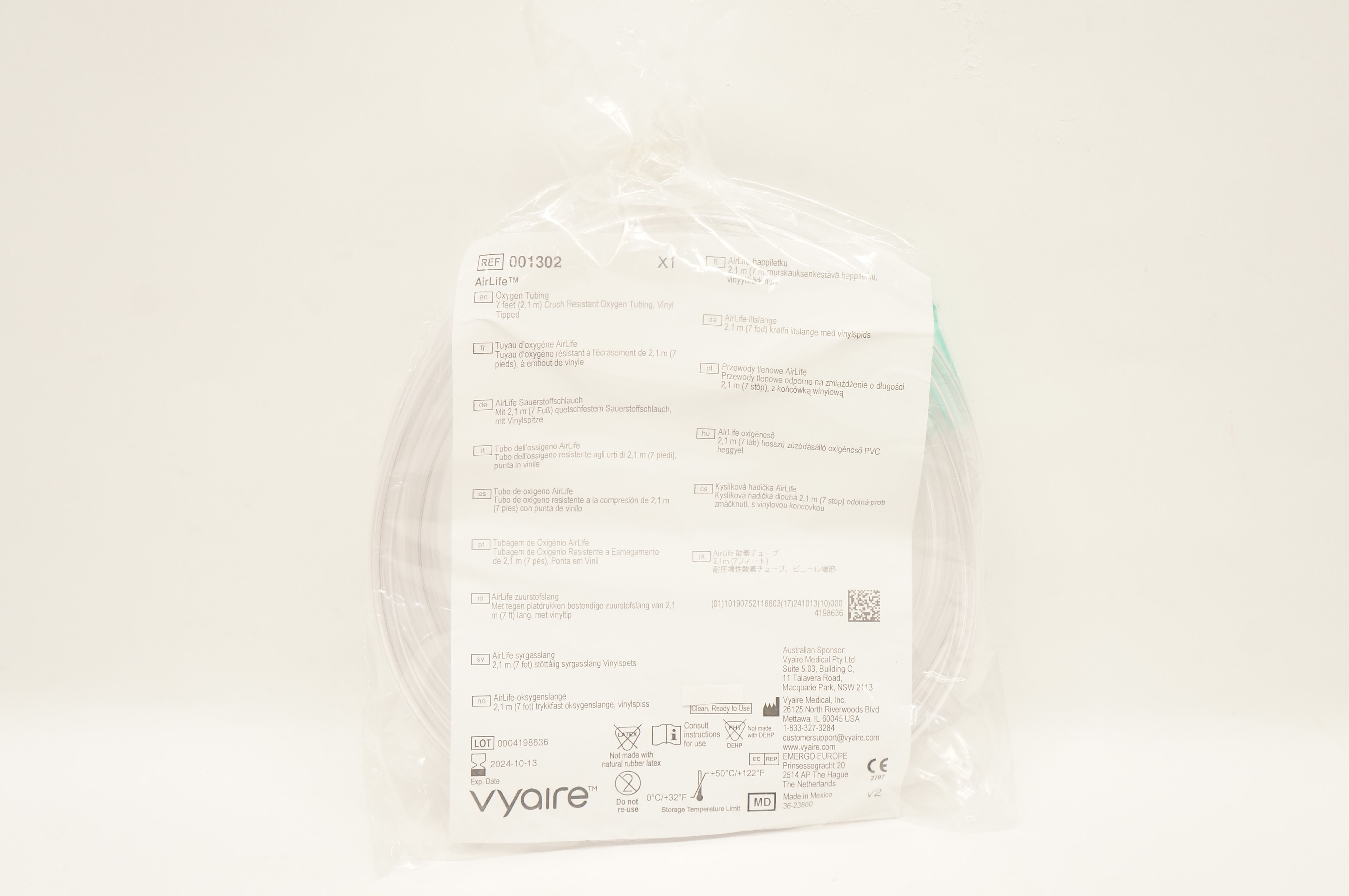 Vyaire 001302 AirLife 7ft Crush Resistant Oxygen Tubing, Vinyl Tipped