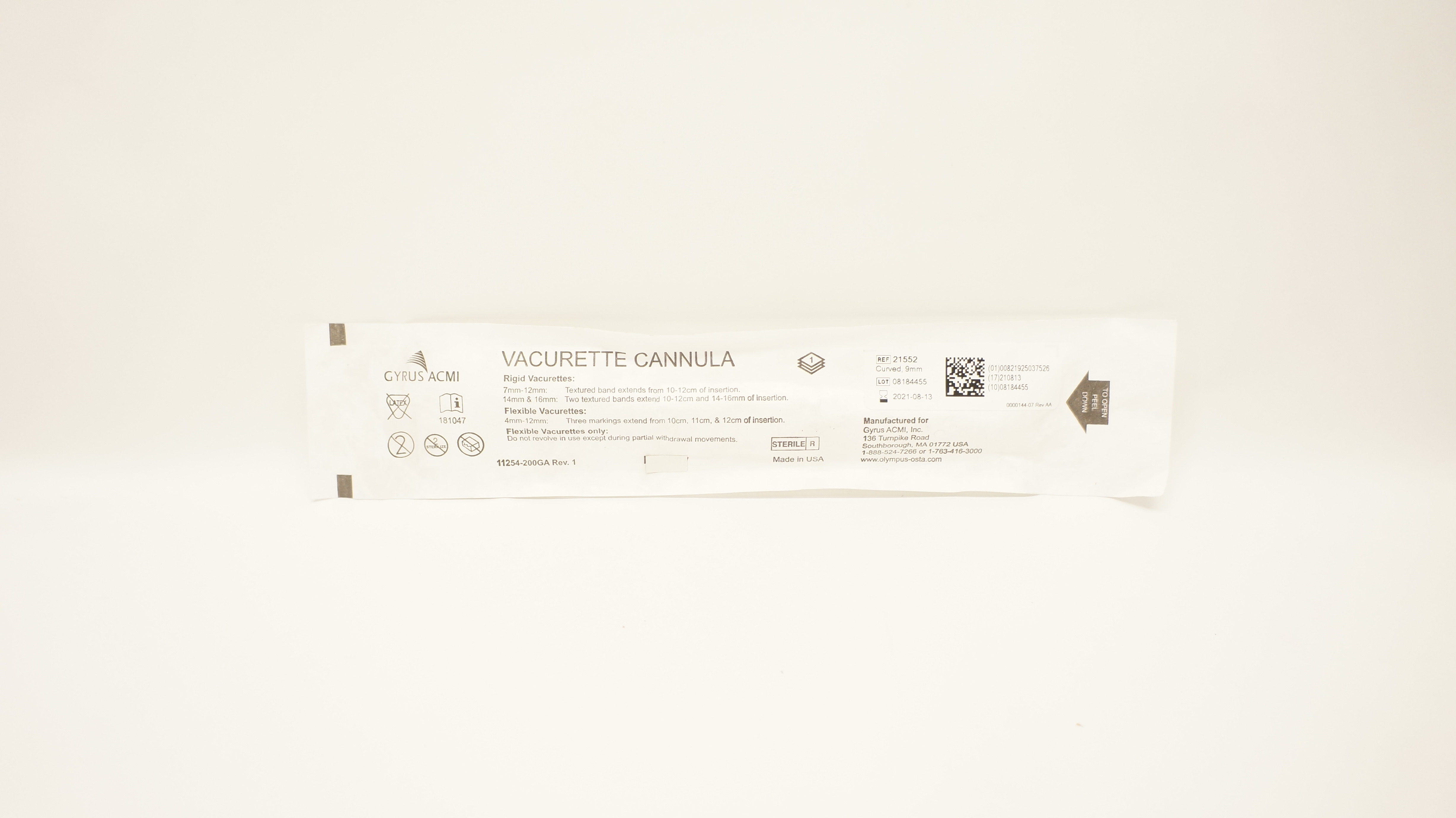 Gyrus ACMI 21552 Vacurette Cannula Curved Rigid OD 9mm (x)