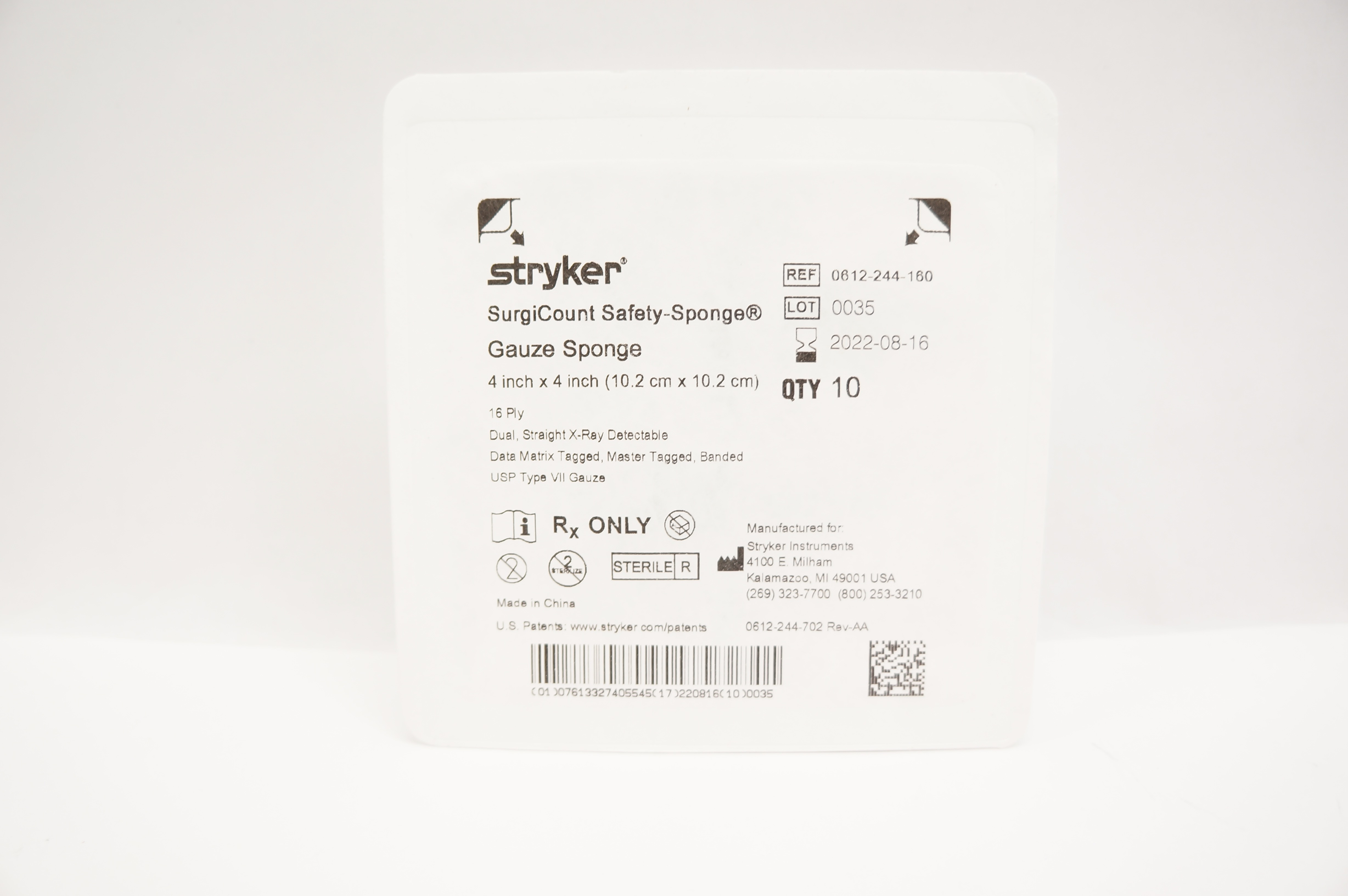 Stryker 0612-244-160 SurgiCount Safety-Sponge 4inch x 4inch (x) - Pack of 10