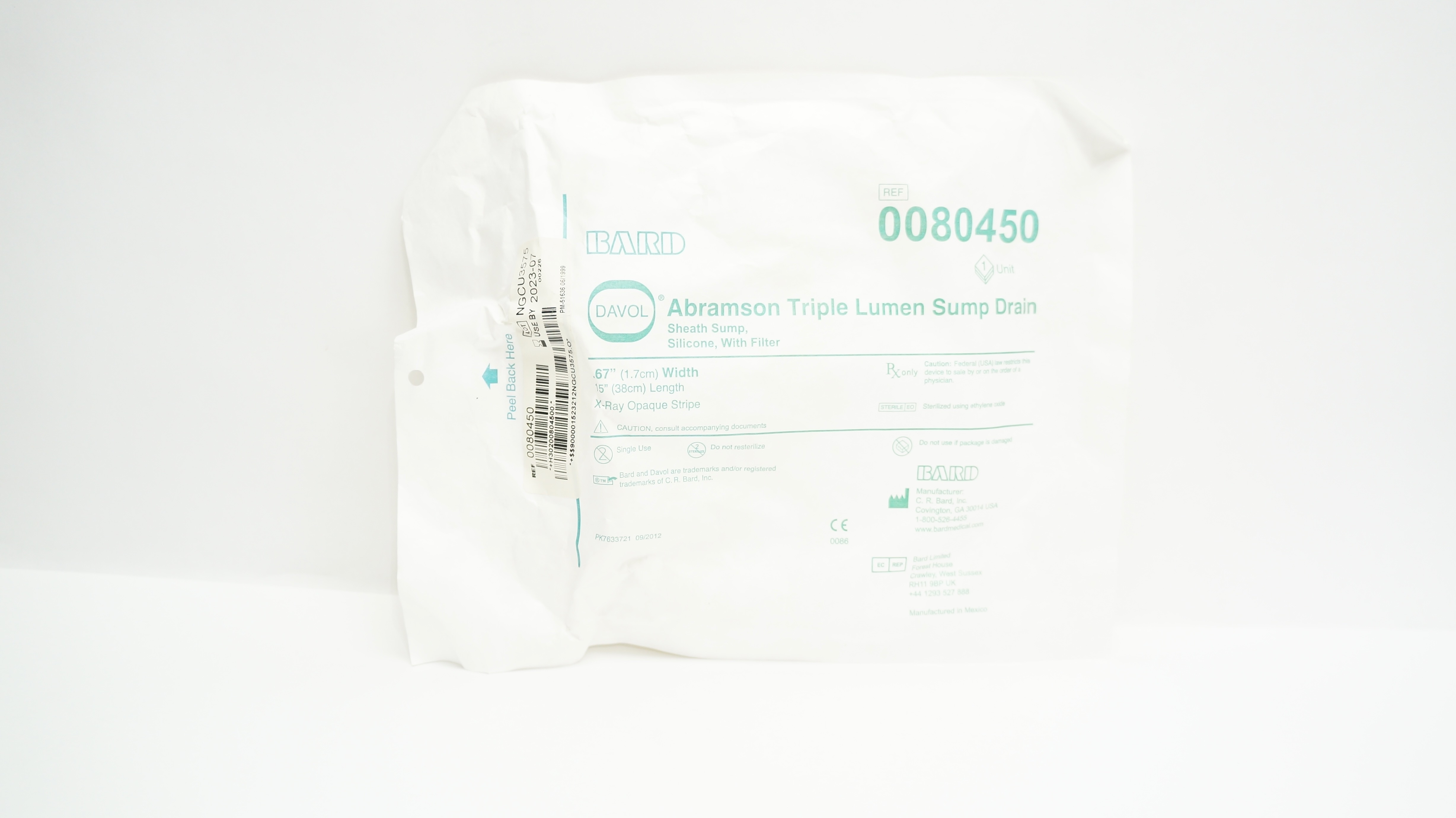 Bard 0080450 Abramson Triple Lumen Sump Drain 0.67inch x 15inch (x)