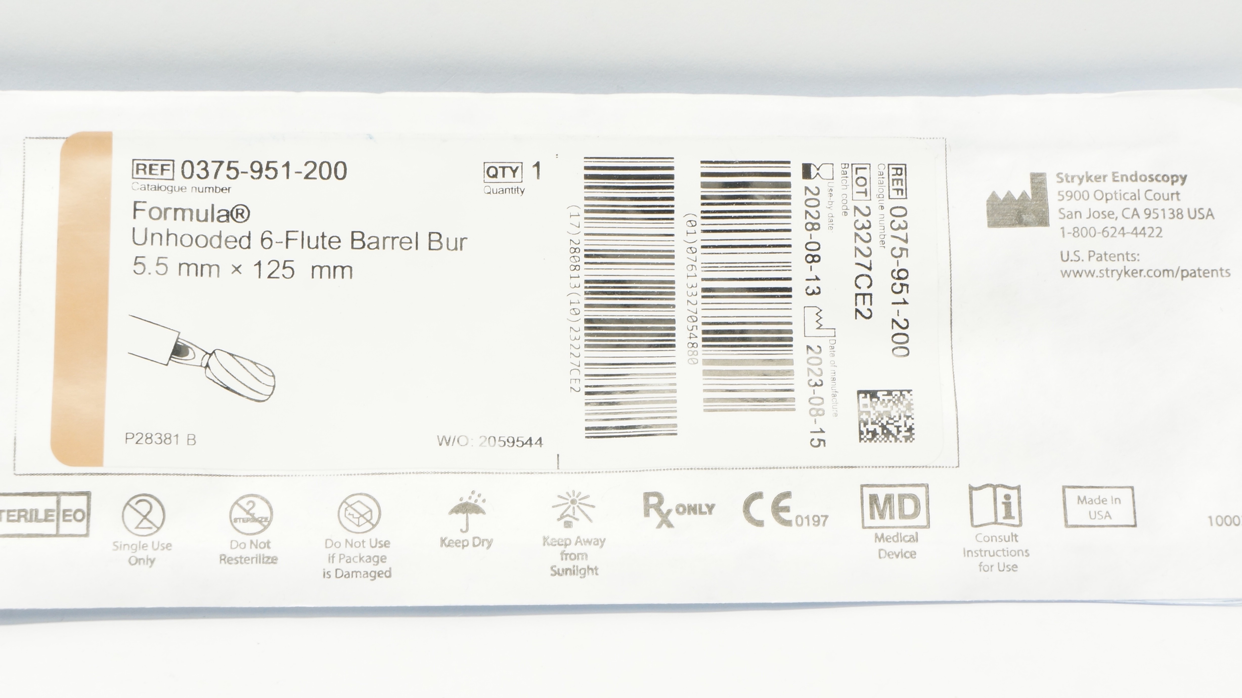 Stryker 0375-951-200 Formula Unhooded 6-Flute Barrel Bur 5.5mm x 125mm