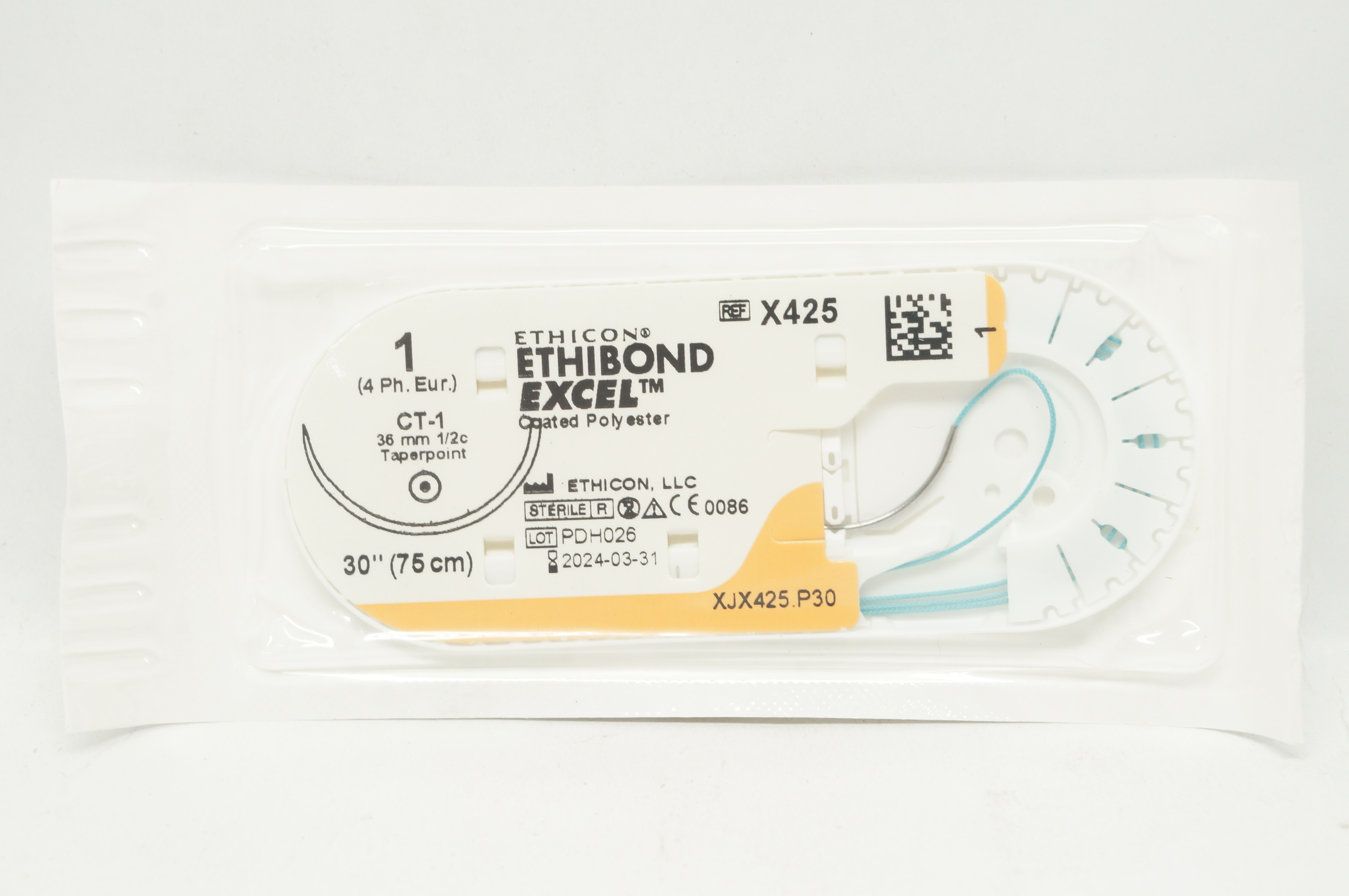 Ethicon X425 1 ETHIBOND EXCEL Coated Polyester CT-1 36mm 1/2c Taperpoint, 30inch