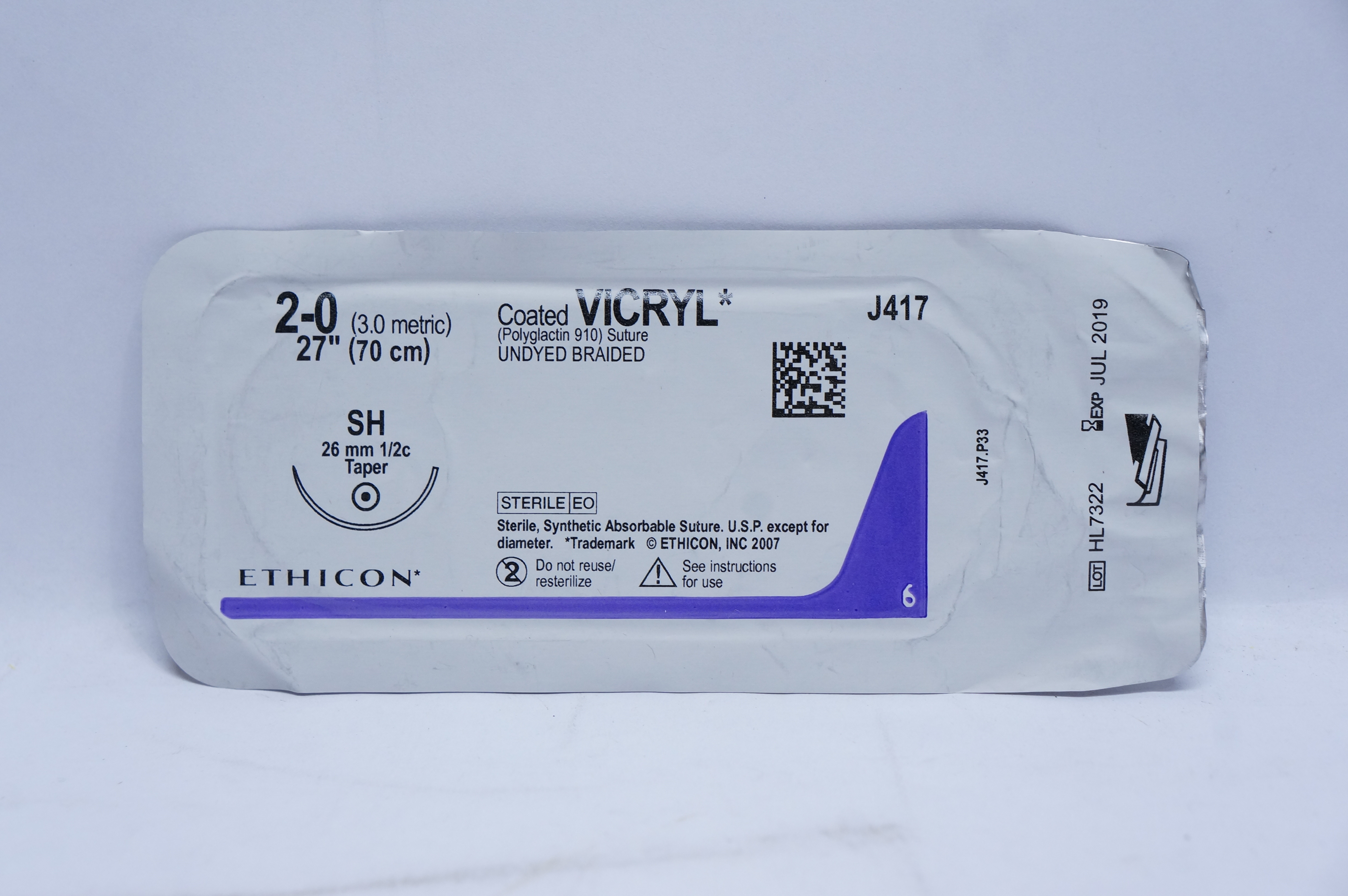 Ethicon J417 2-0 VICRYL, SH, 26mm 1/2c Taper, 27inch (x)