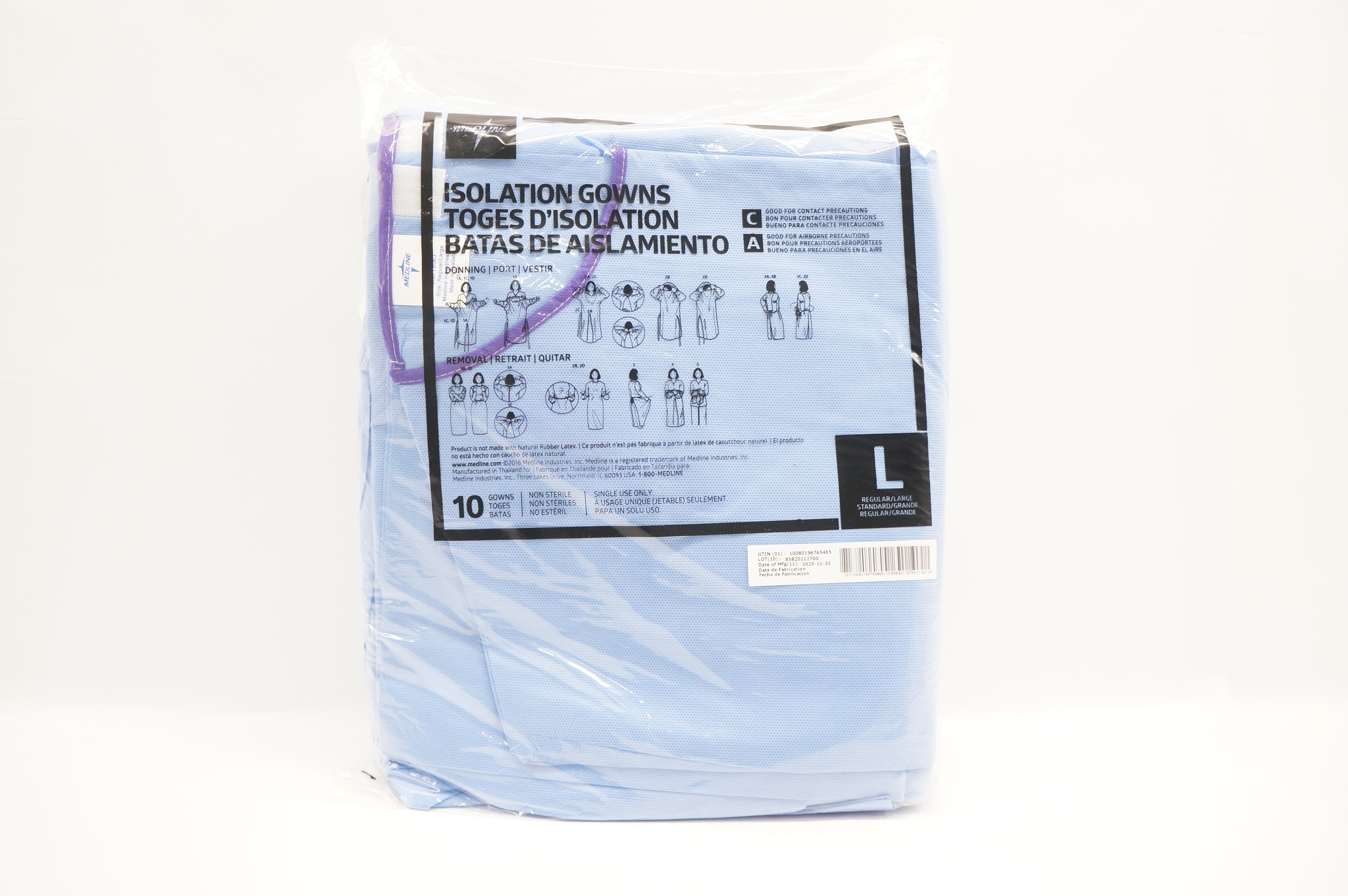 Medline 305 Isolation Gowns, Size L - Pack of 10