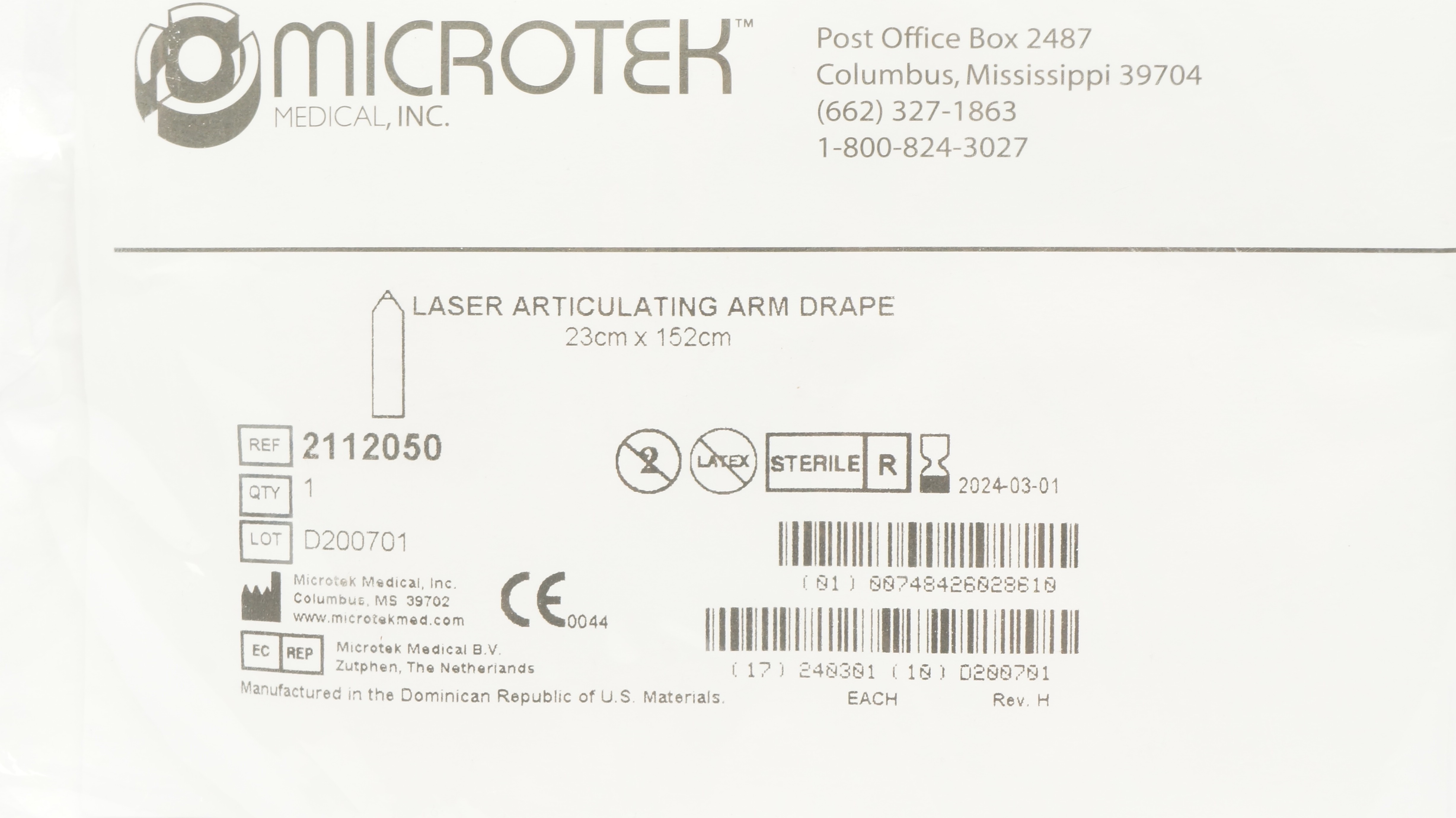 Microtek 2112050 Laser Articulating Arm Drape 23cm x 152cm (x)