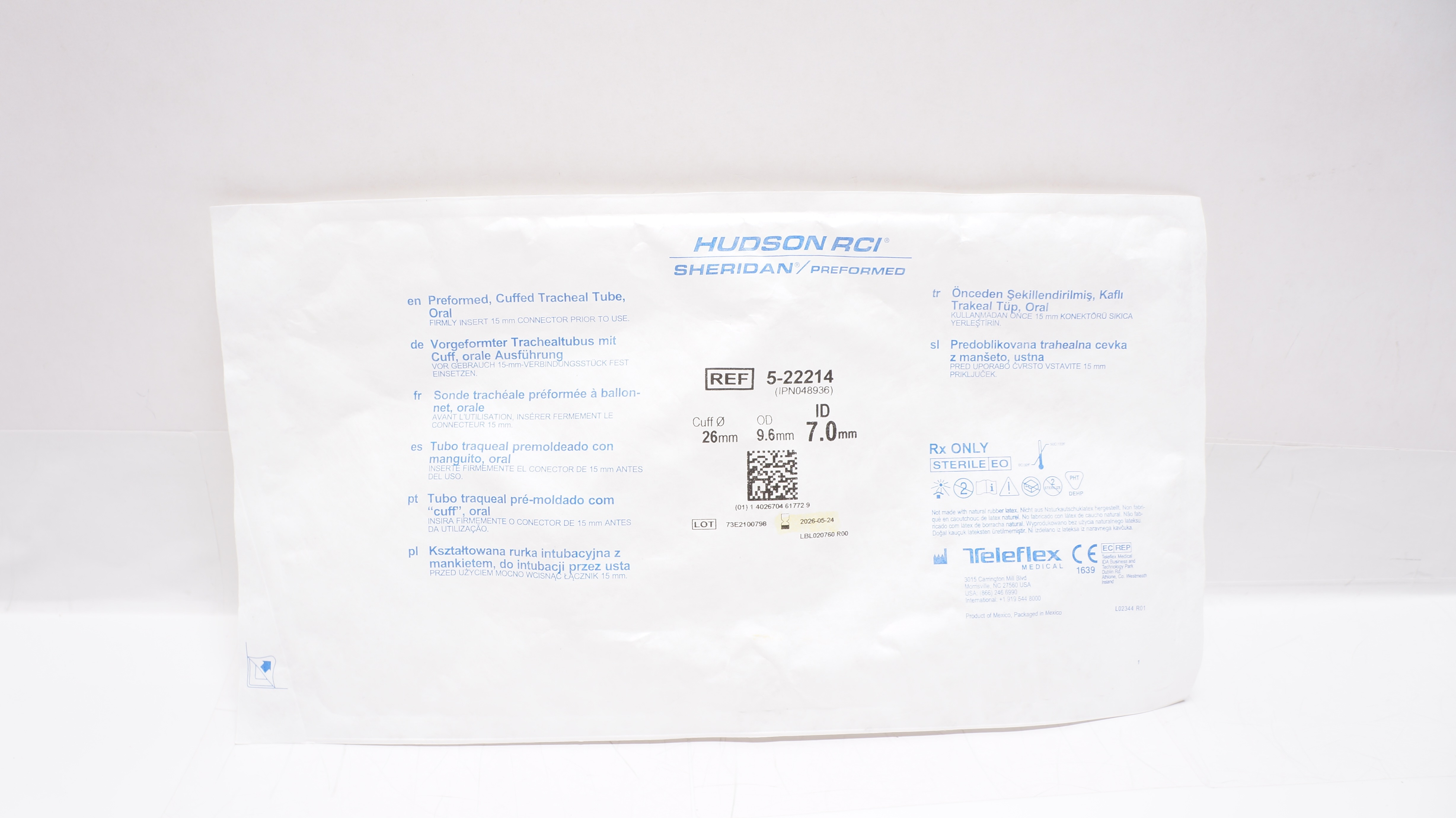 Teleflex 5-22214 Hudson RCI Cuffed Tracheal Tube 26mm x 9.6mm OD x 7.0mm ID