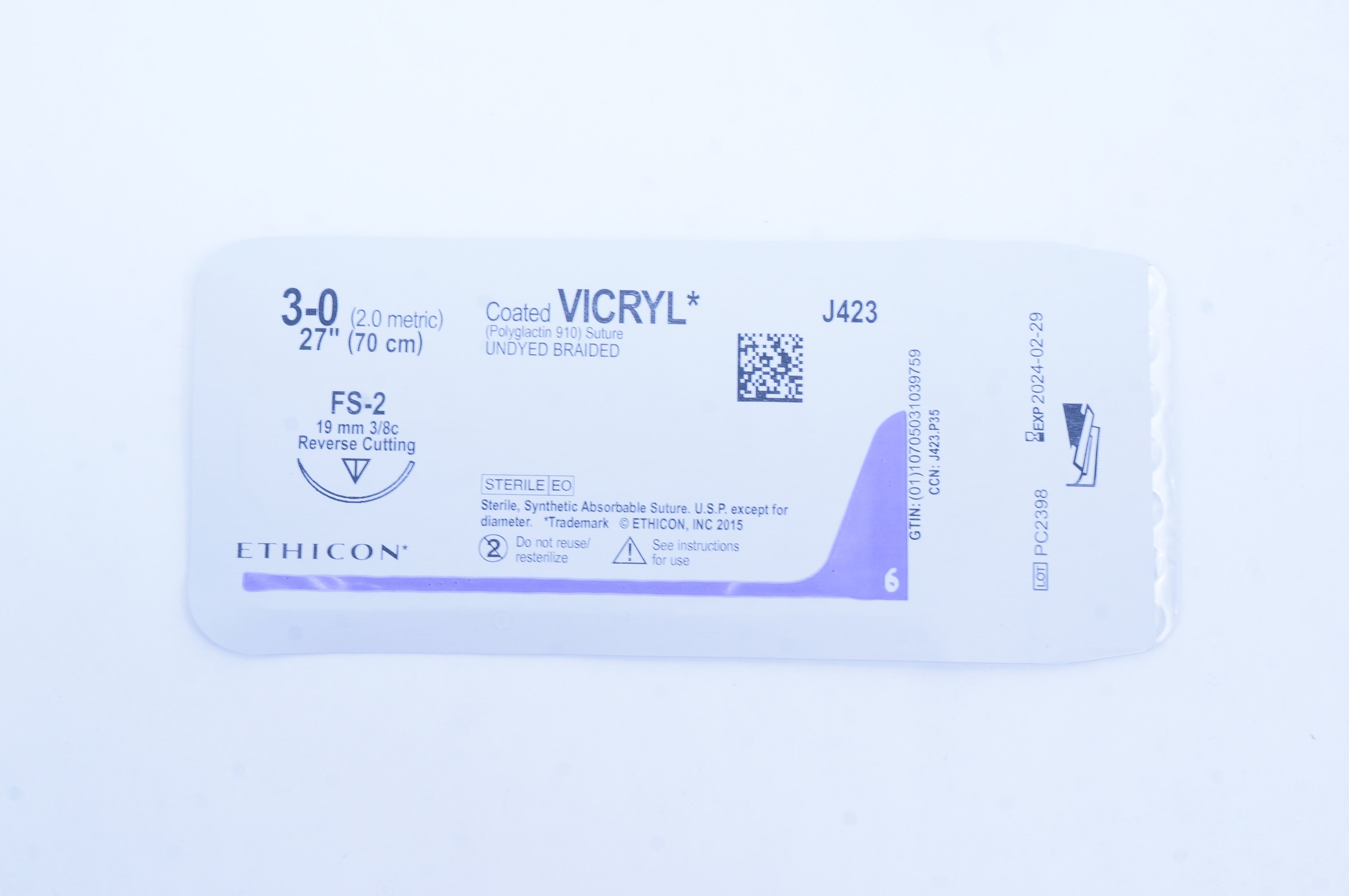 Ethicon J423 3-0 Coated VICRYL FS-2 19mm 3/8c Reverse Cutting, 27inch