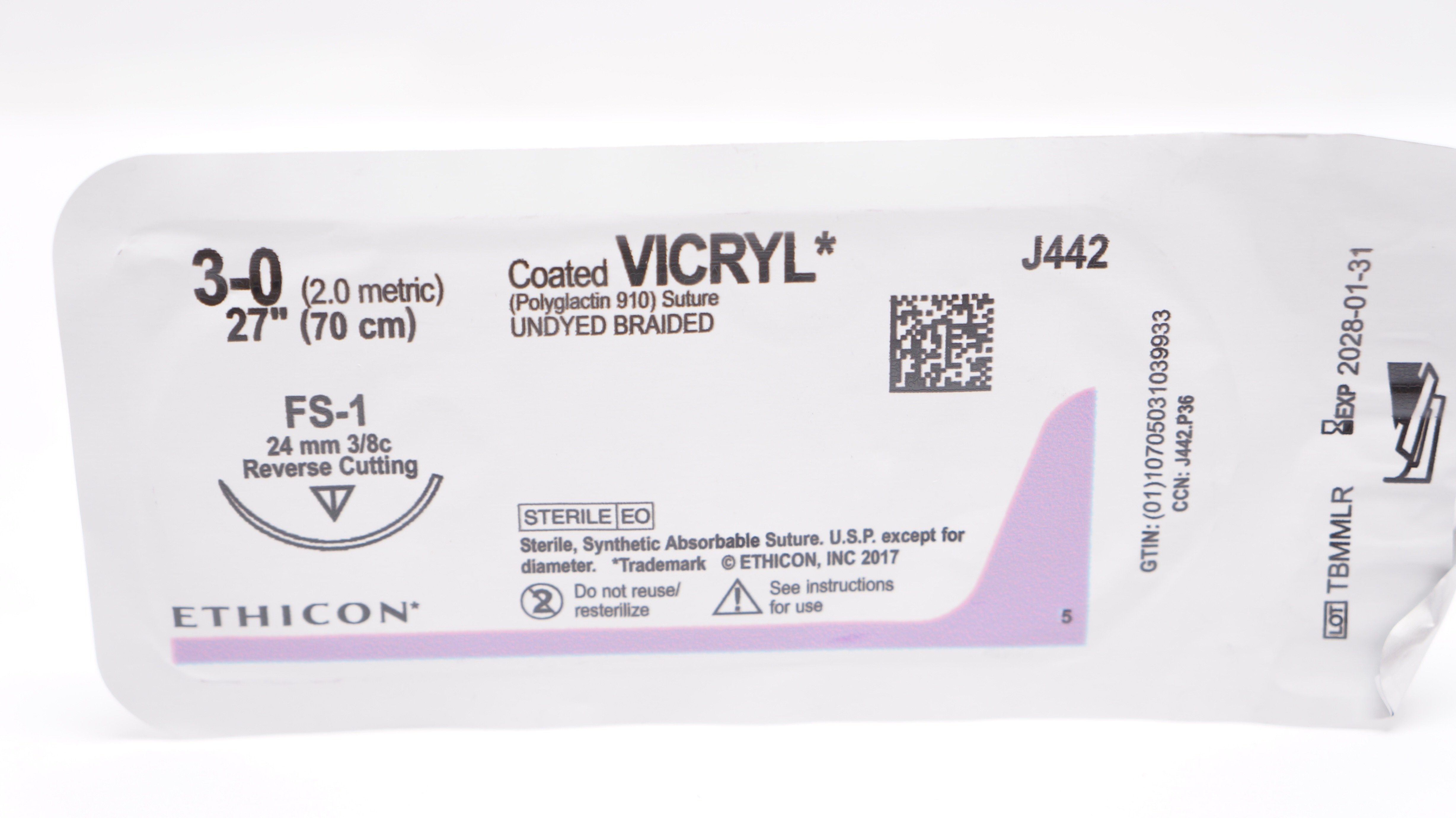 Ethicon J442 3-0 Coated VICRYL Stre FS-1, 24mm 3/8c Reverse Cutting, 27inch