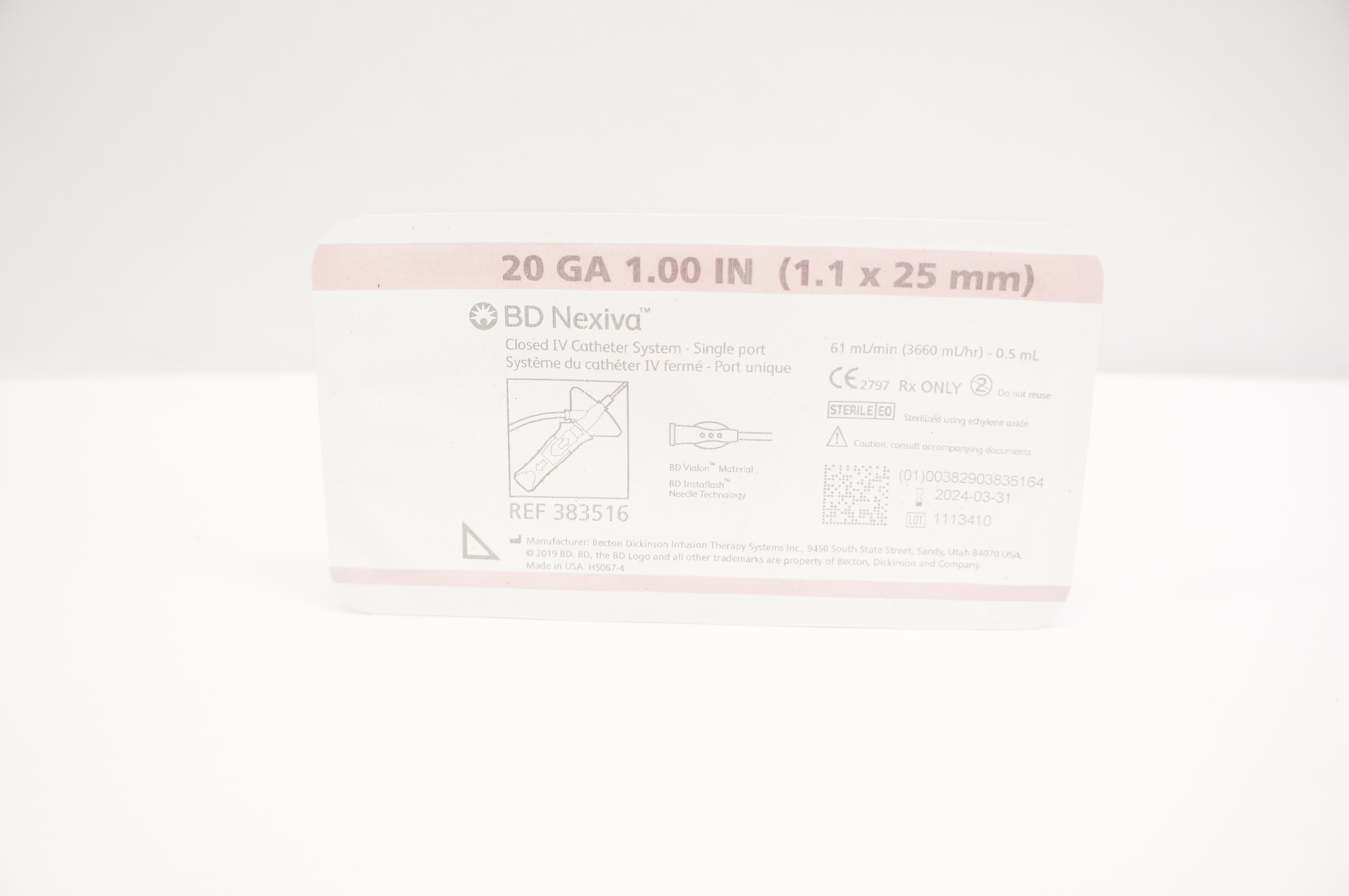 BD 383516 Nexiva Clodsed IV Cath. System - Single Port 20GA x 1.00inch 61mL/min