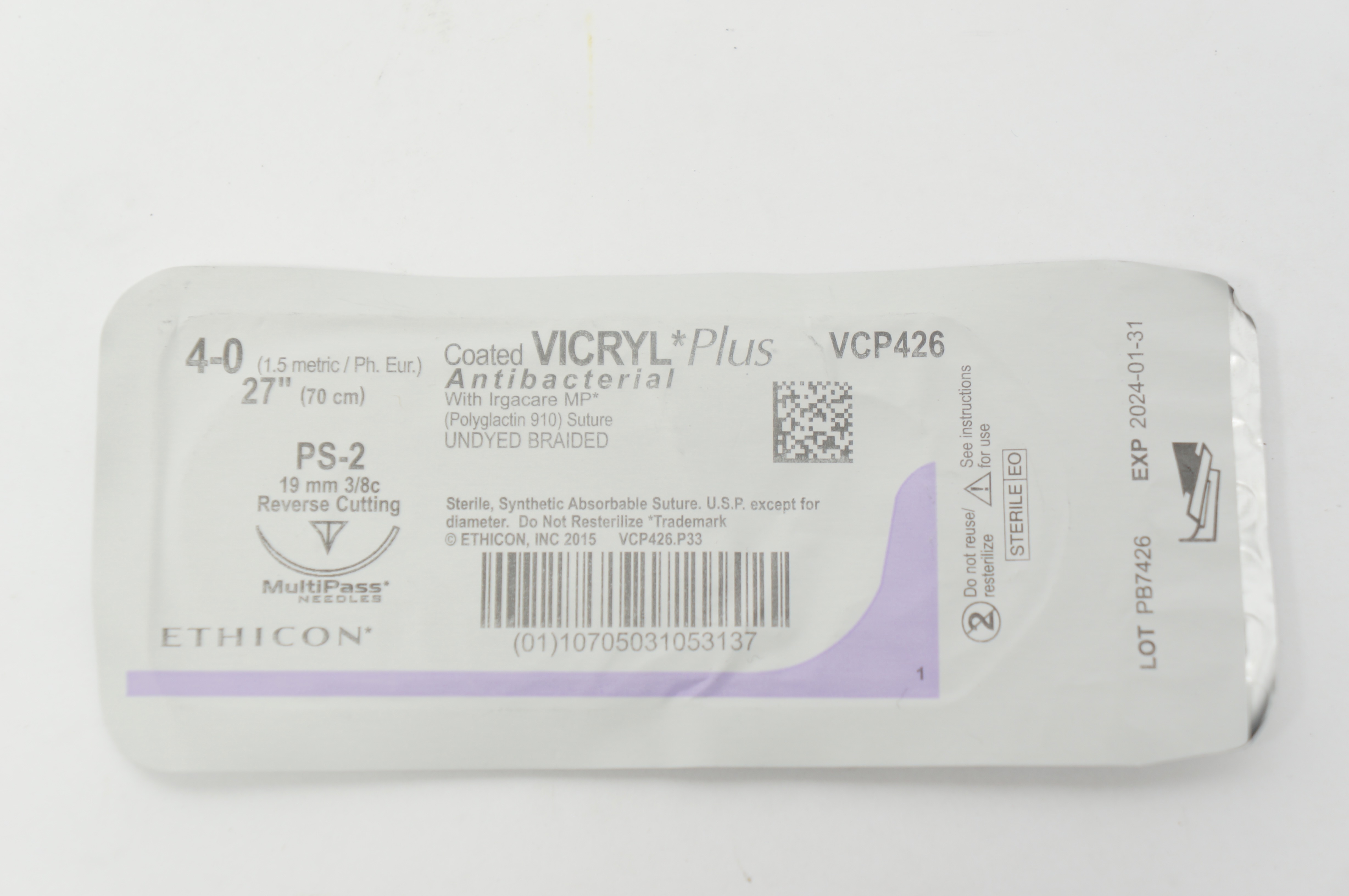 Ethicon VCP426 4-0 Vicryl Plus, PS-2, 19mm 3/8c Reverse Cutting, 27inch