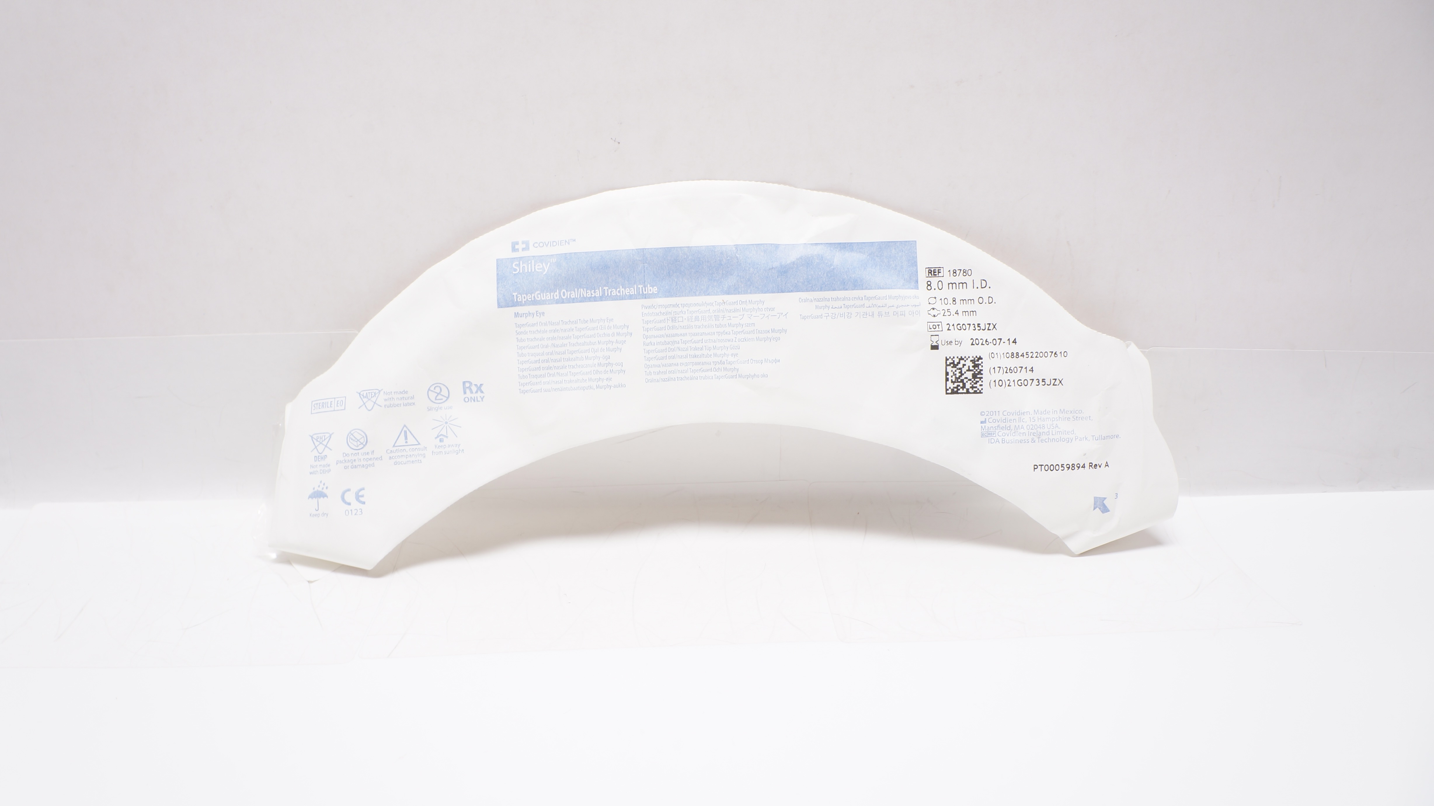 Covidien 18780 Shiley TaperGuard Oral/Nasal Tracheal Tube 8.0mm ID x 10.8mm OD