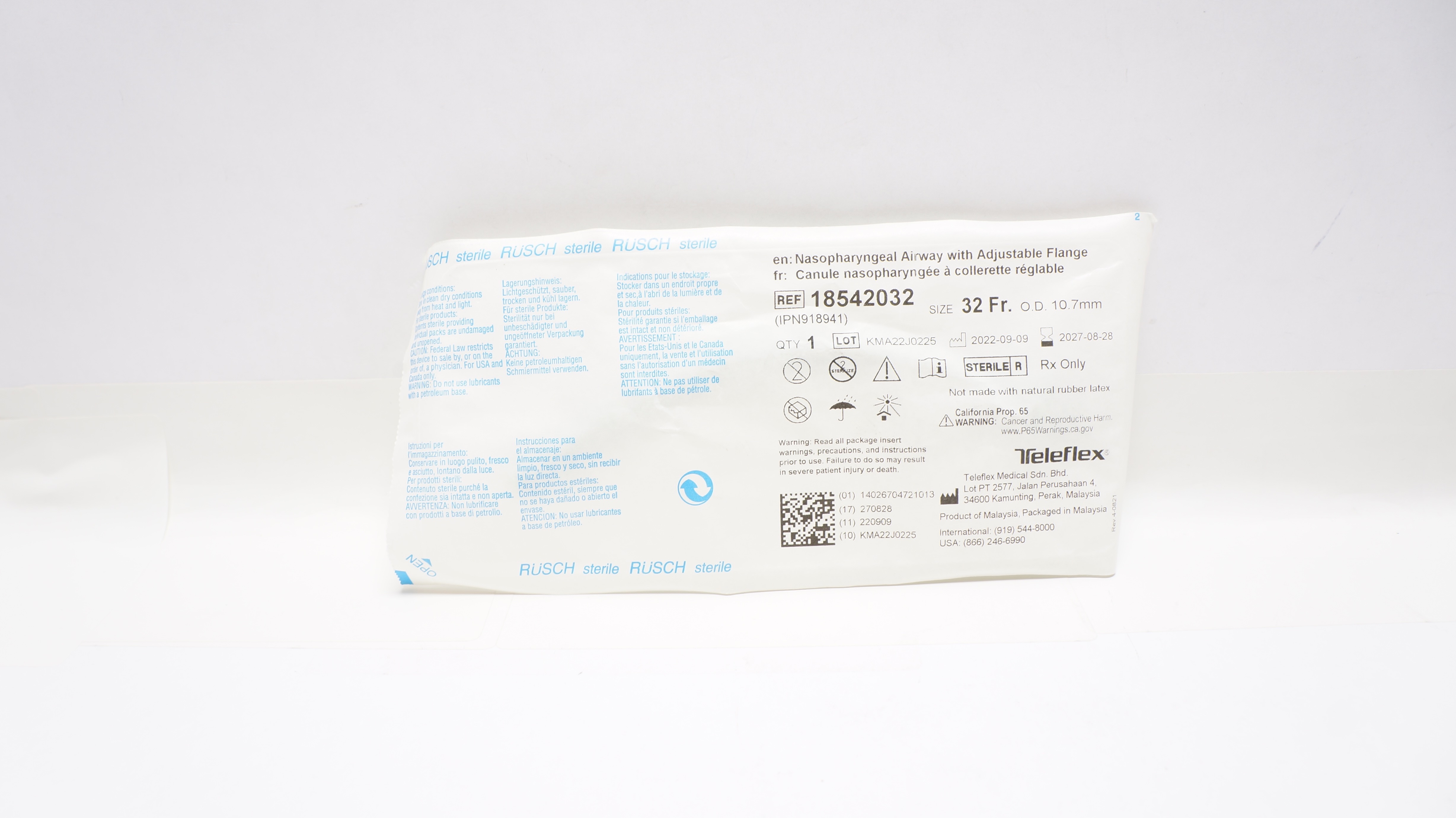 Teleflex 18542032 Nasopharyngeal Airway W/Adjustable Flange, Size 32Fr 10.7mm OD