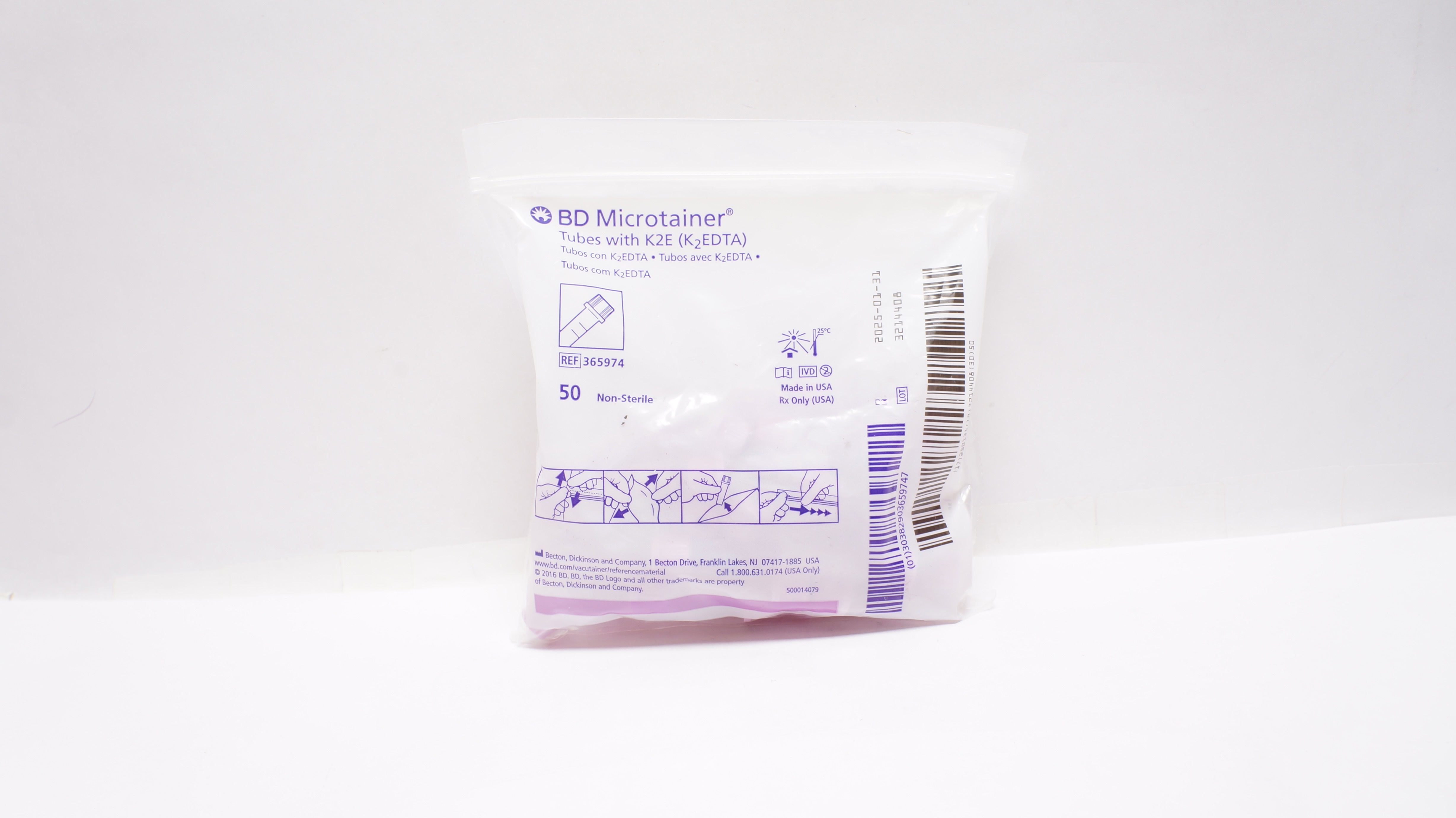 BD 365974 Microtainer Tubes with K2E (K2EDTA) - Pack of 50
