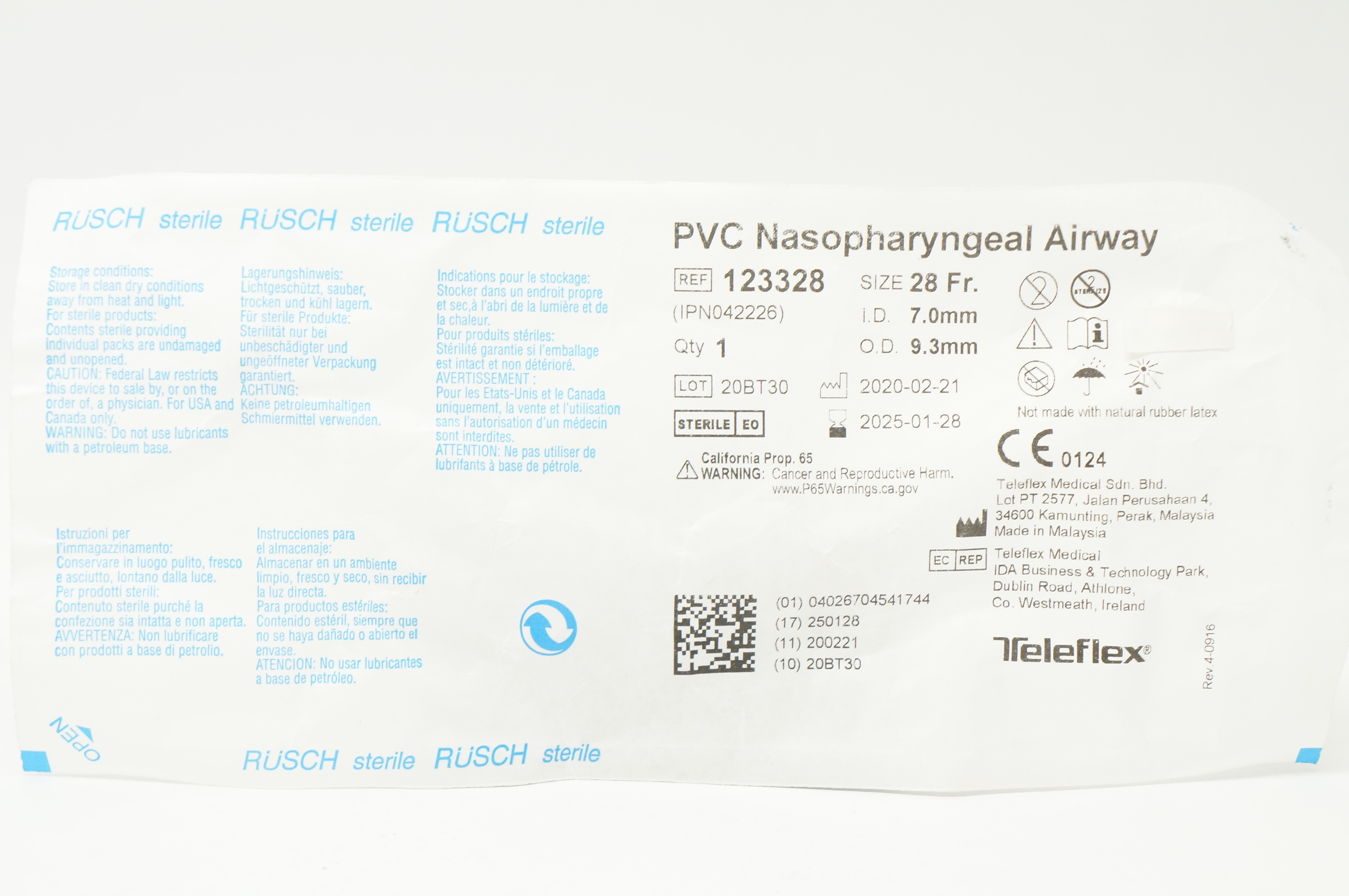 Teleflex 123328 RUSCH PVC Nasopharyngeal Airway 28Fr. x 7.0mm ID x 9.3mm OD