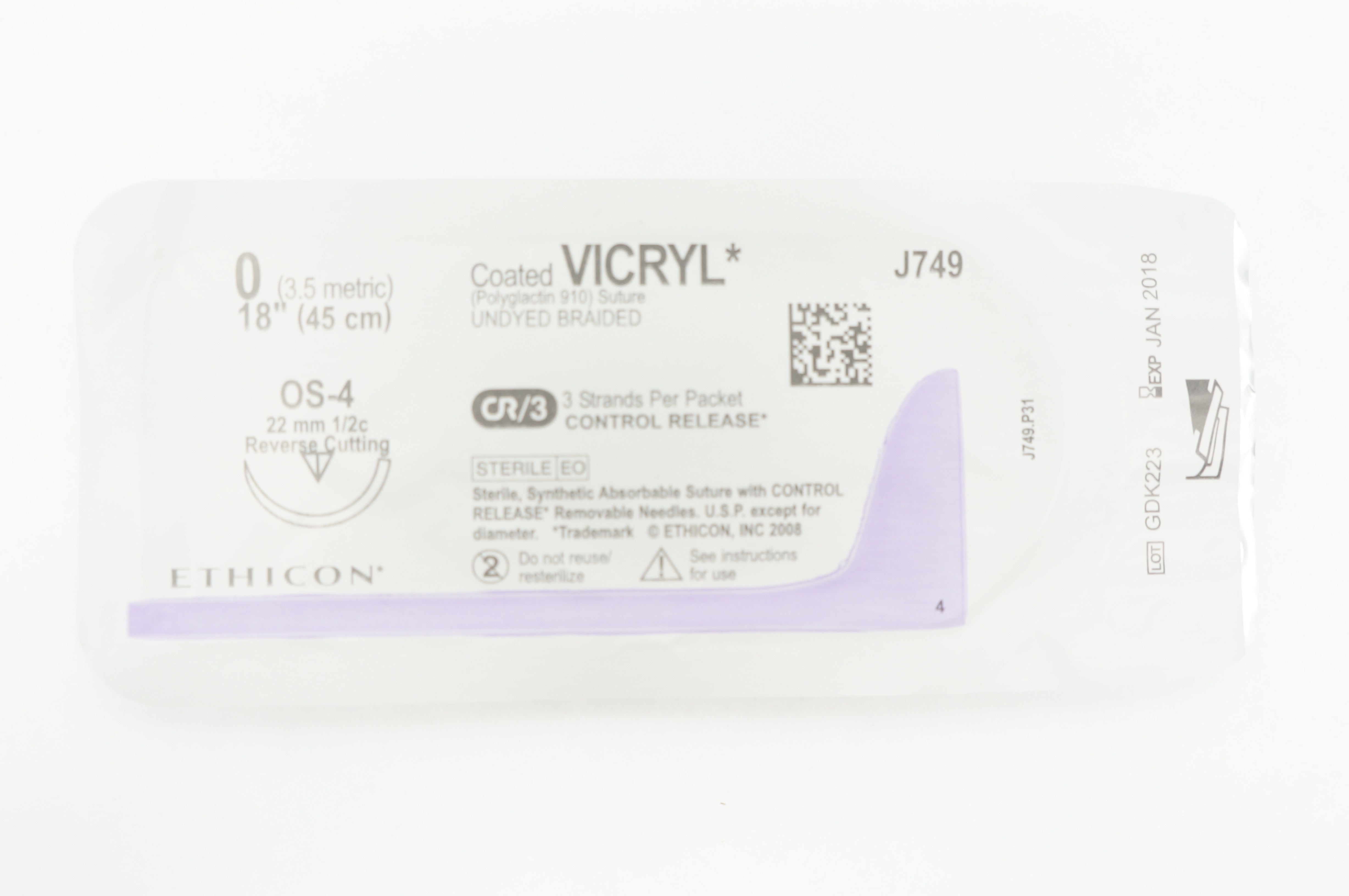 Ethicon J749 0 Coated VICRYL OS-4 22mm 1/2c Reverse Cutting 18inch (x)