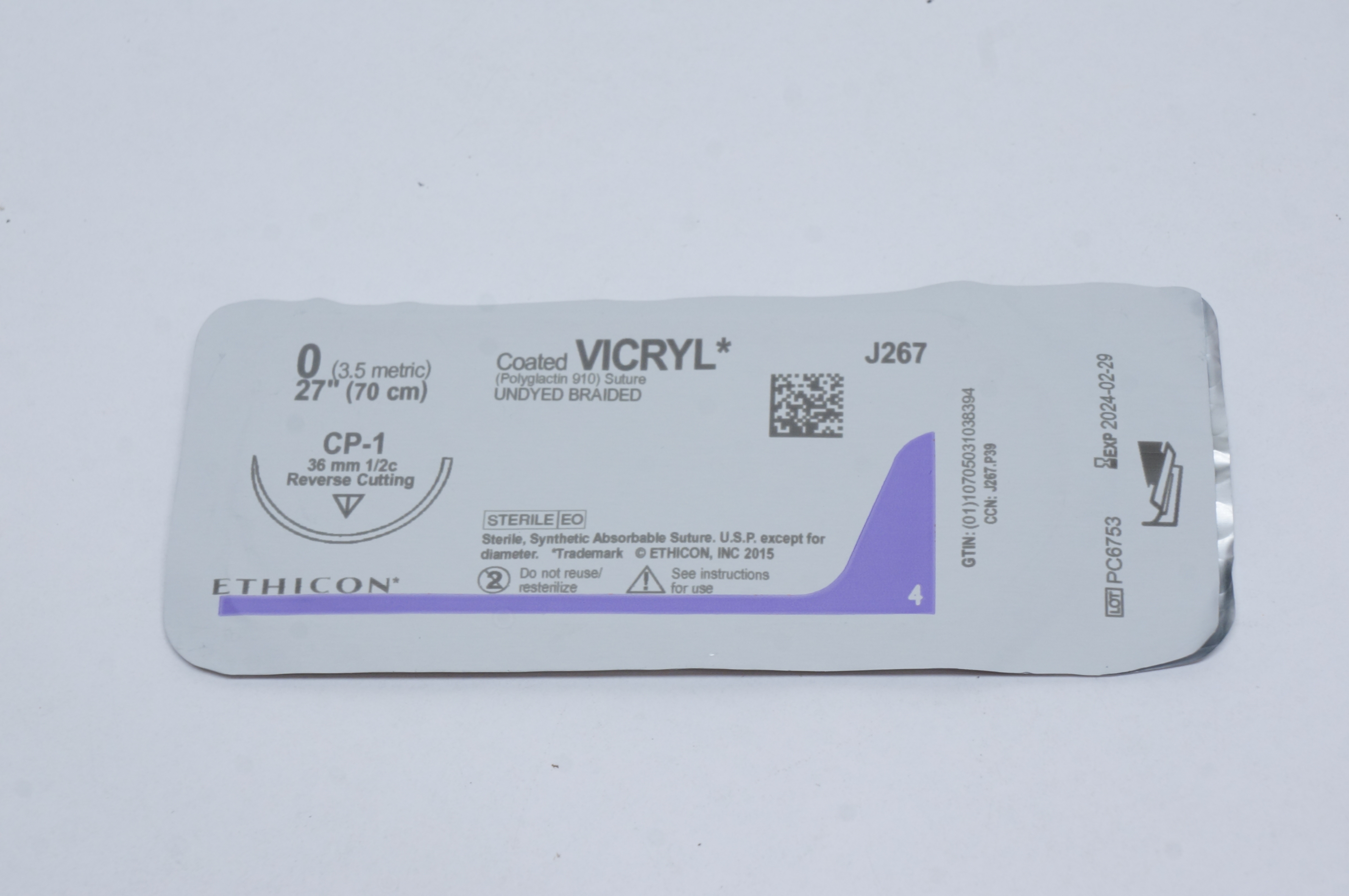 Ethicon J267 0 VICRYL, CP-1, 36mm 1/2c Reverse Cutting, 27inch