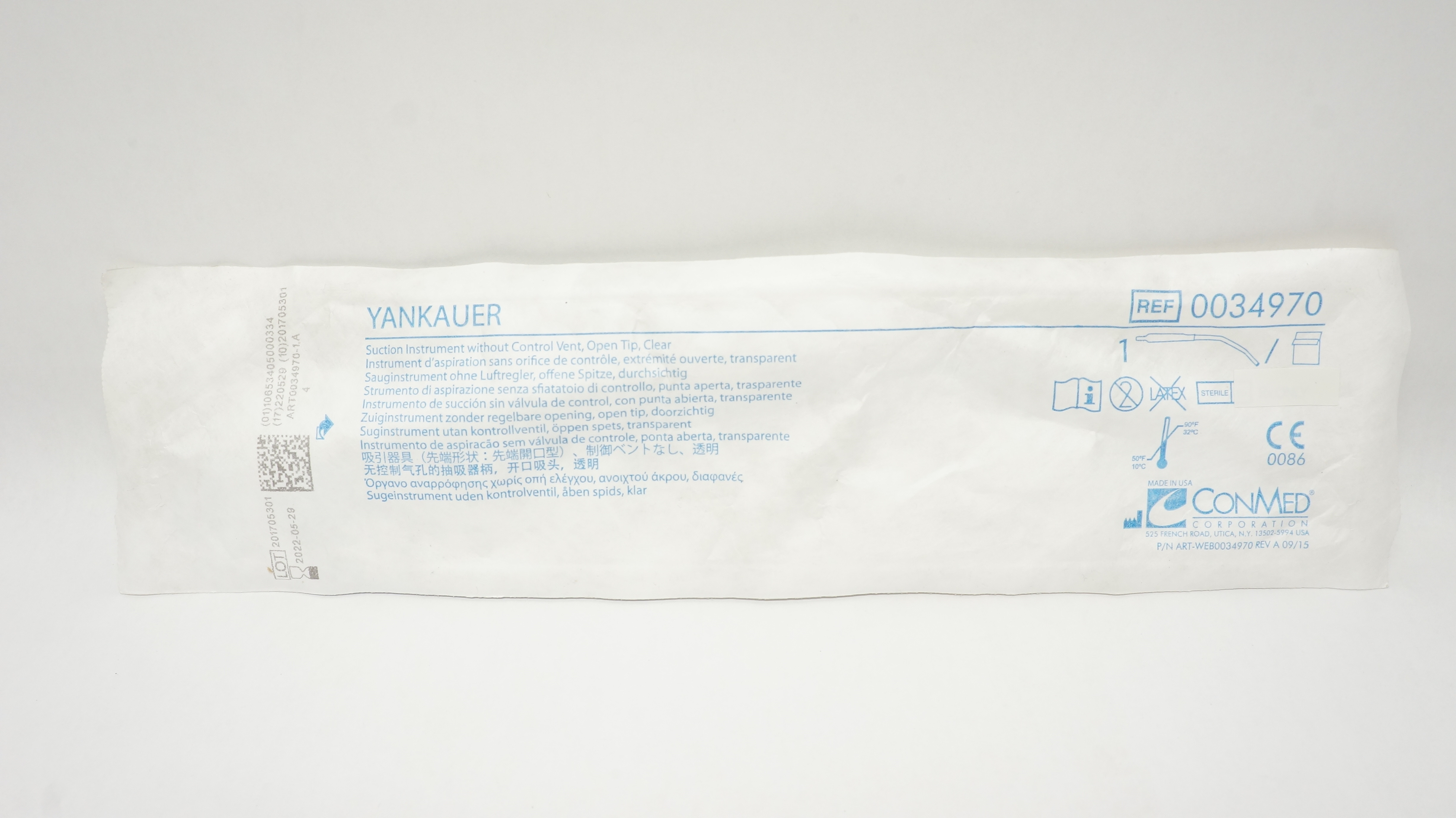 ConMed 0034970 YANKAUER Suction Instrument without Control Vent Open Tip, Clear