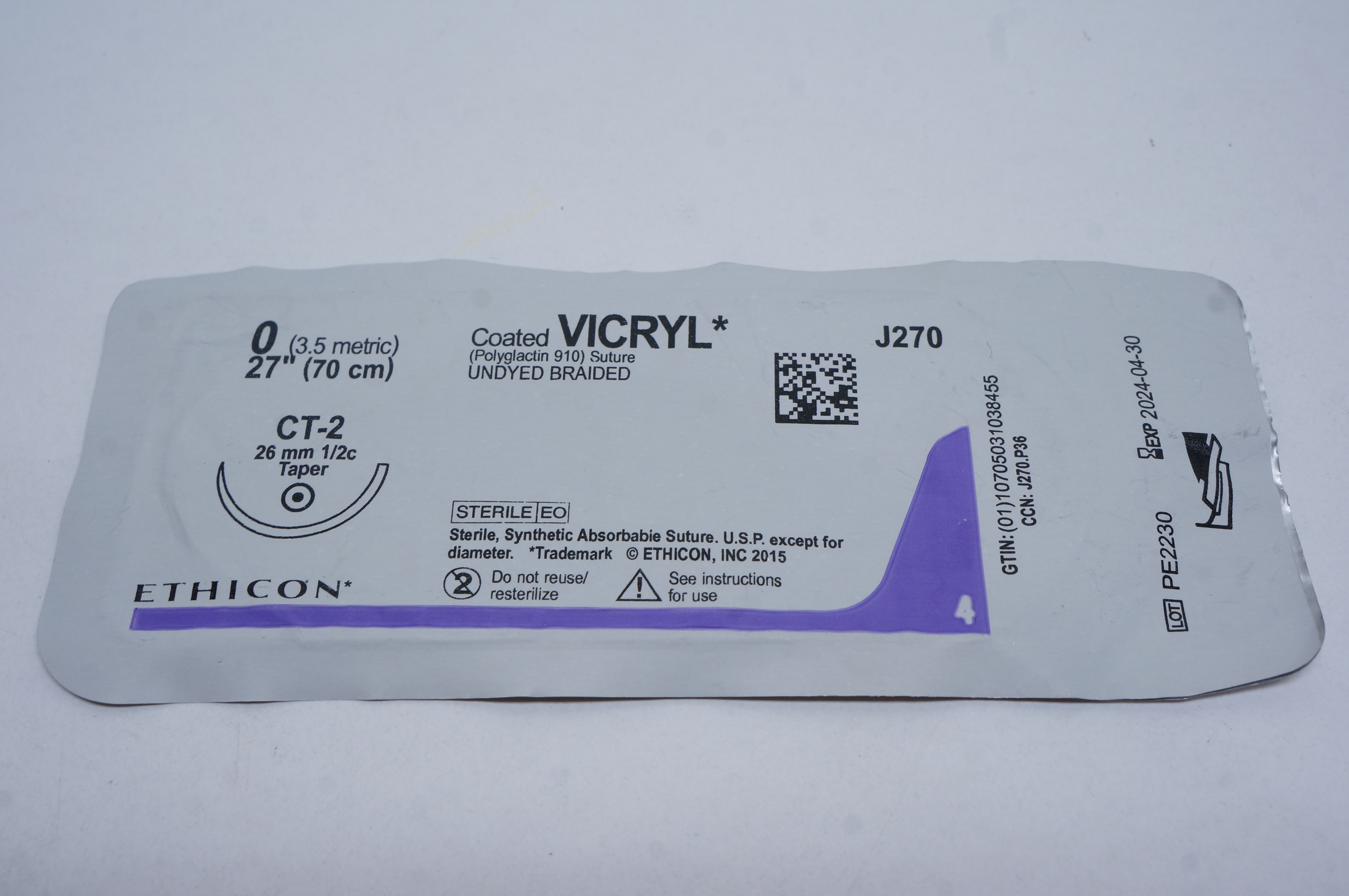 Ethicon J270 0 VICRYL, CT-2, 26mm 1/2c Taper, 27inch