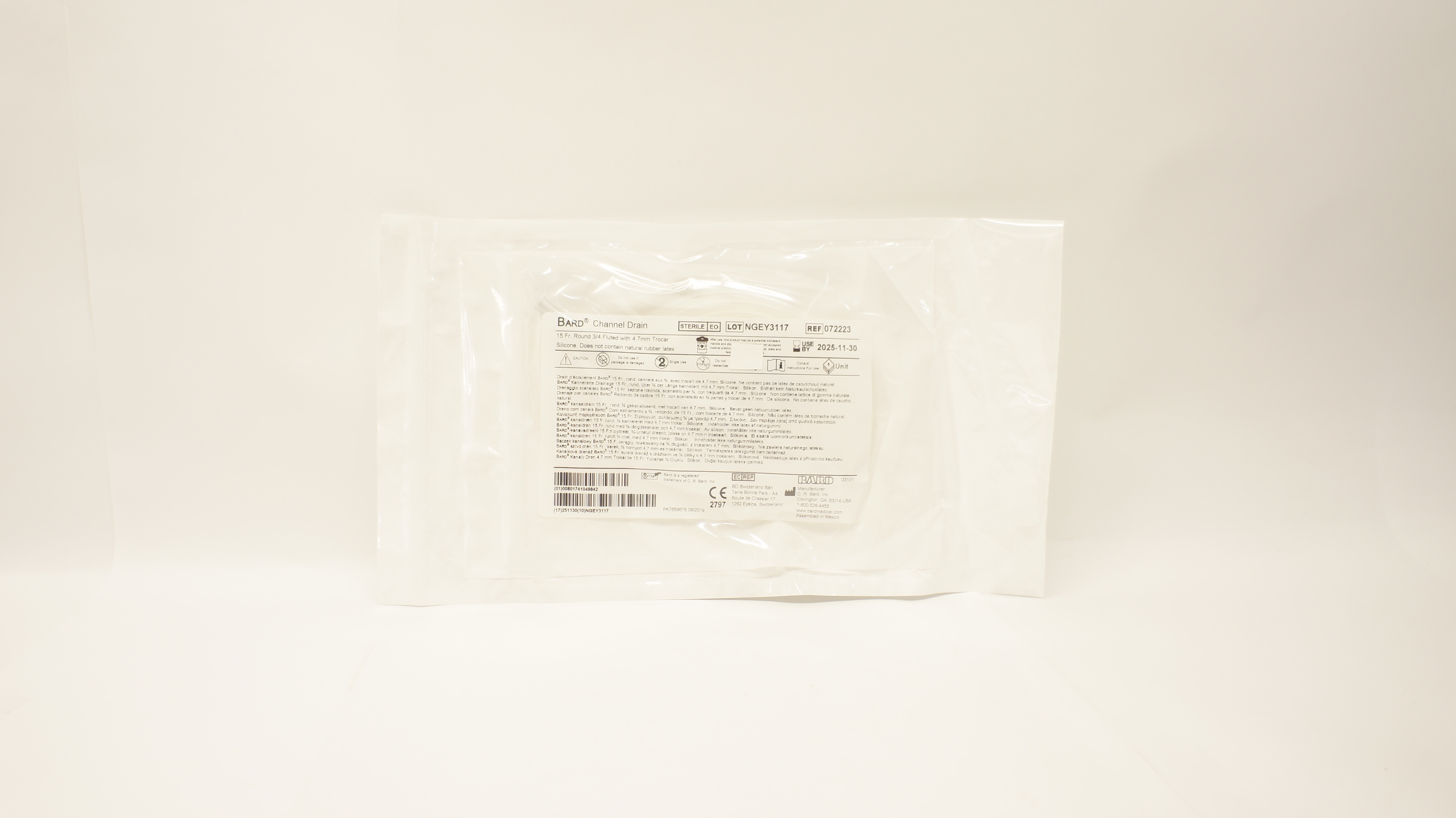 Bard 072223 Channel Drain 15Fr. Round 3/4 Fluted w/ 4.7mm Trocar