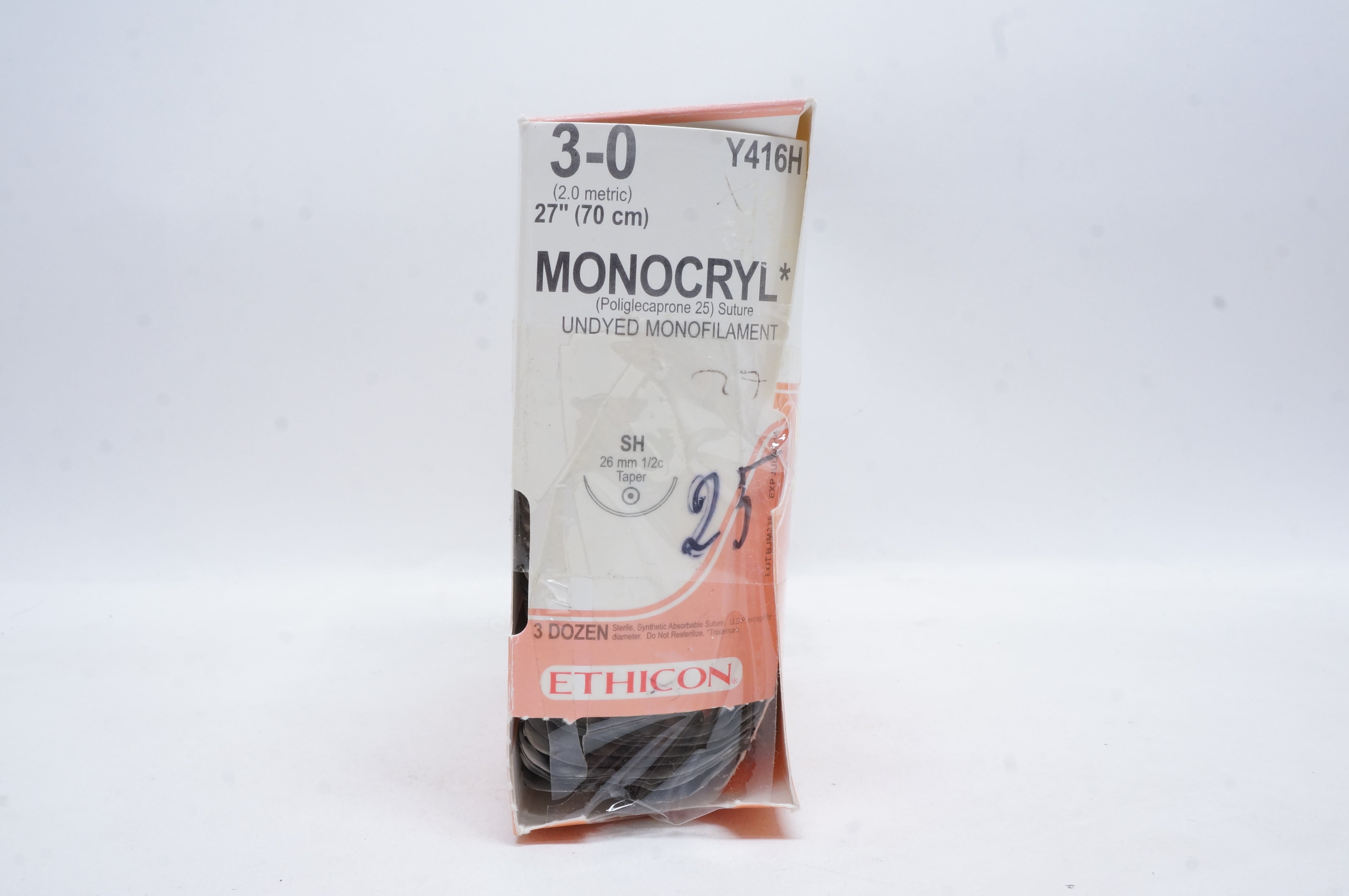 Ethicon Y416H 3-0 MONOCRYL, SH, 26mm 1/2c Taper, 27inch (x) - Box of 25