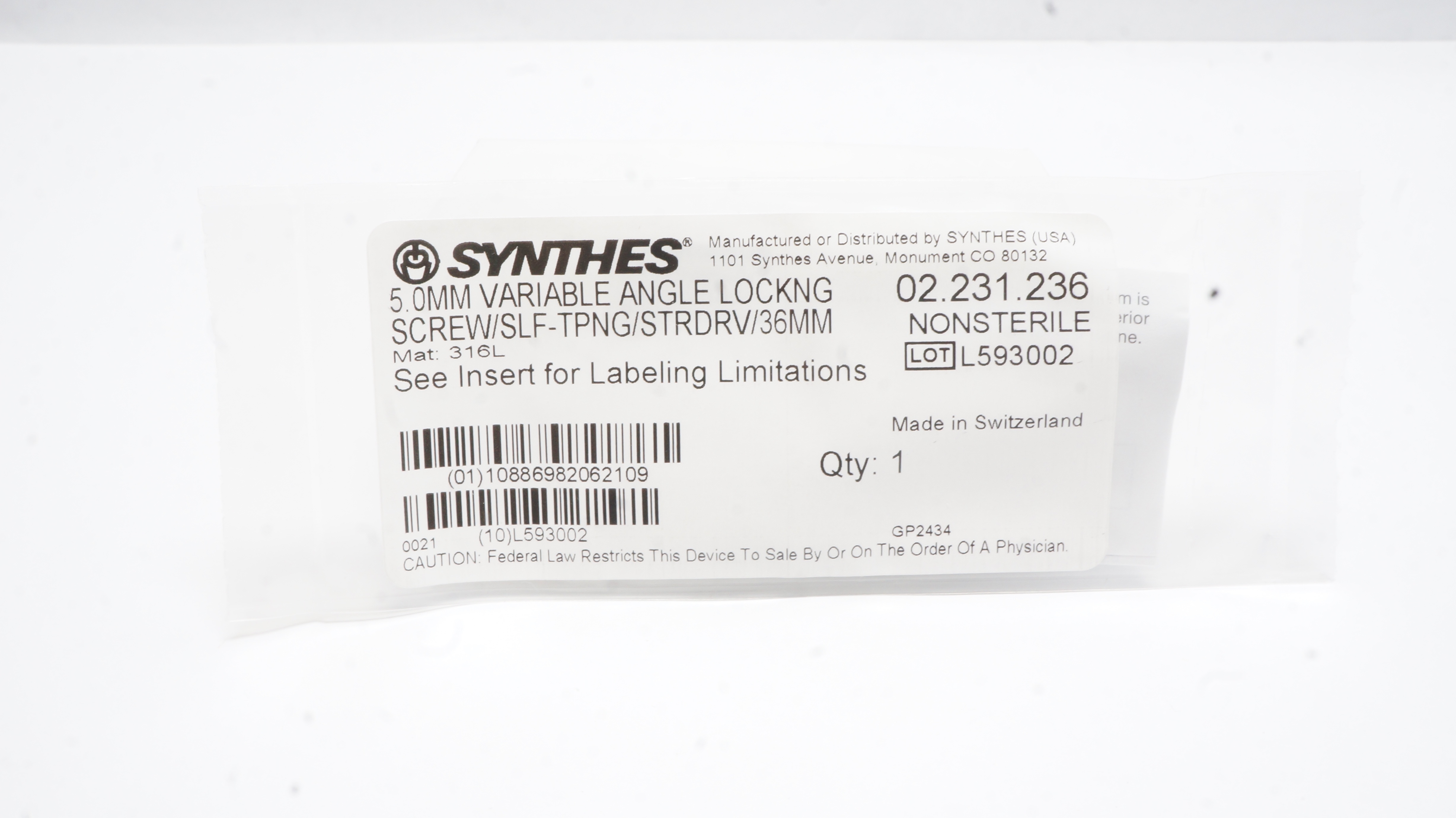 Synthes 02.231.236 5.0mm Variable Angle Locking Screw Slf-Tpng Star Drive 36mm