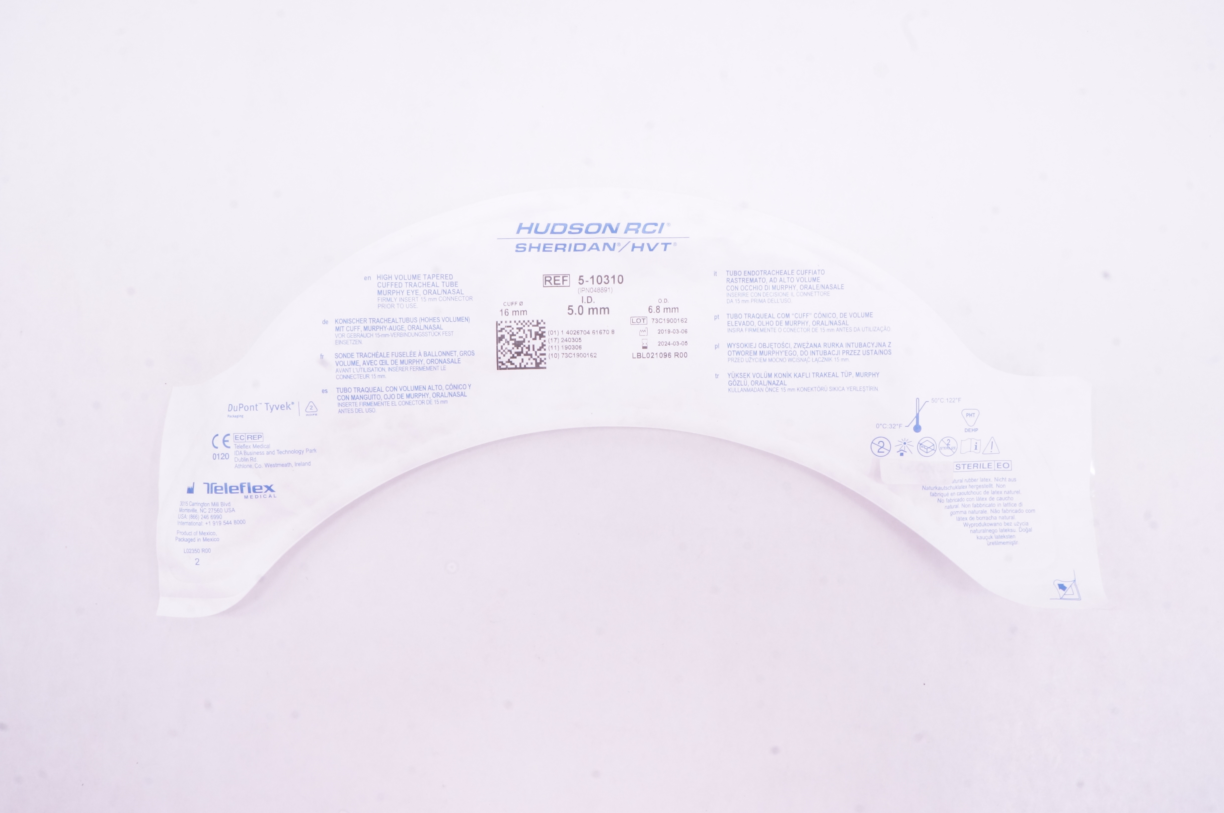 Teleflex 5-10310 Hudson RCI Sheridan Cuffed Tracheal Tube 5.0mm ID x 6.8mm OD