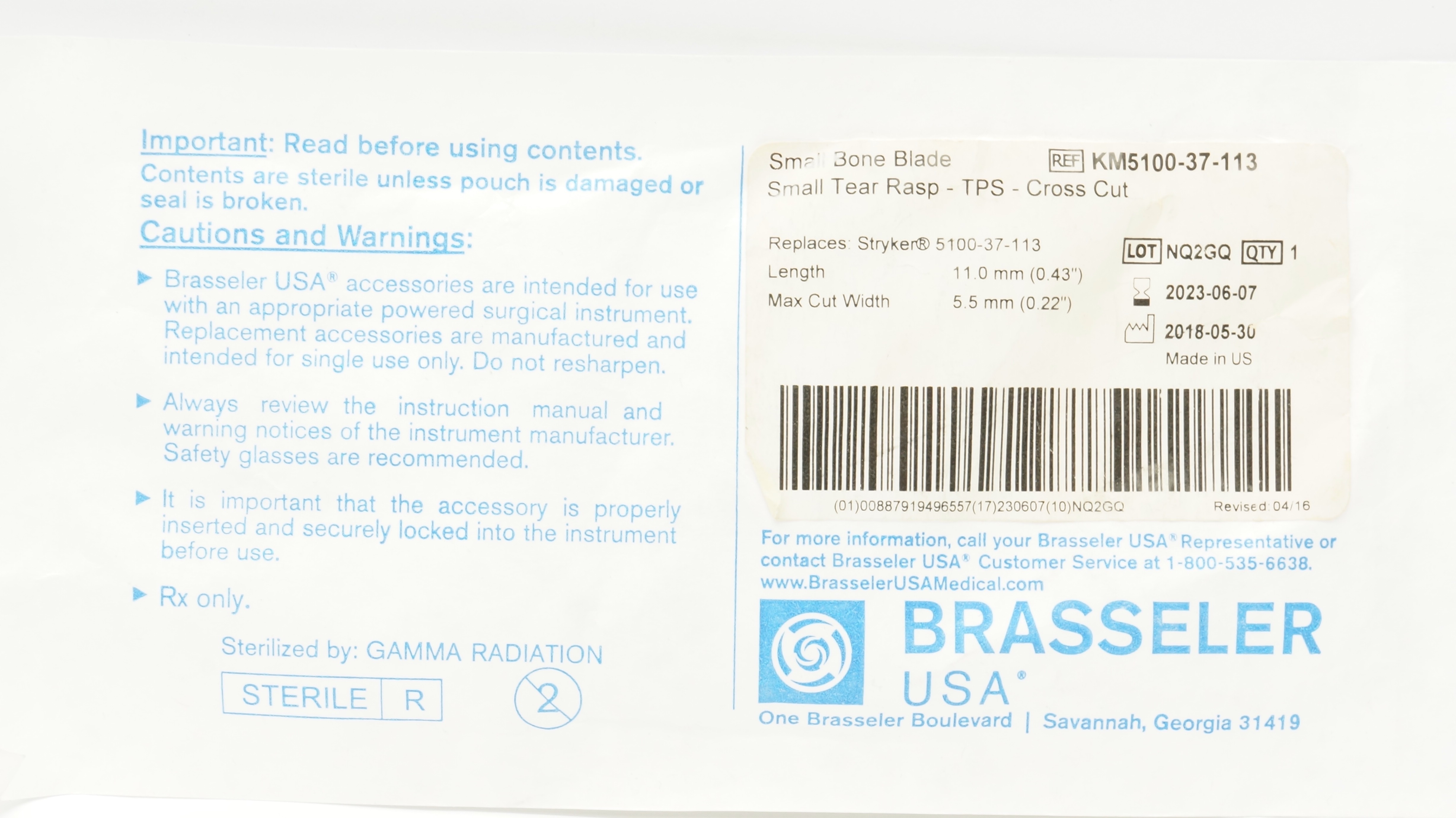 Brasseler KM5100-37-113 Small Bone Blade Tear Rasp TPS Cross Cut 0.43inch (x)