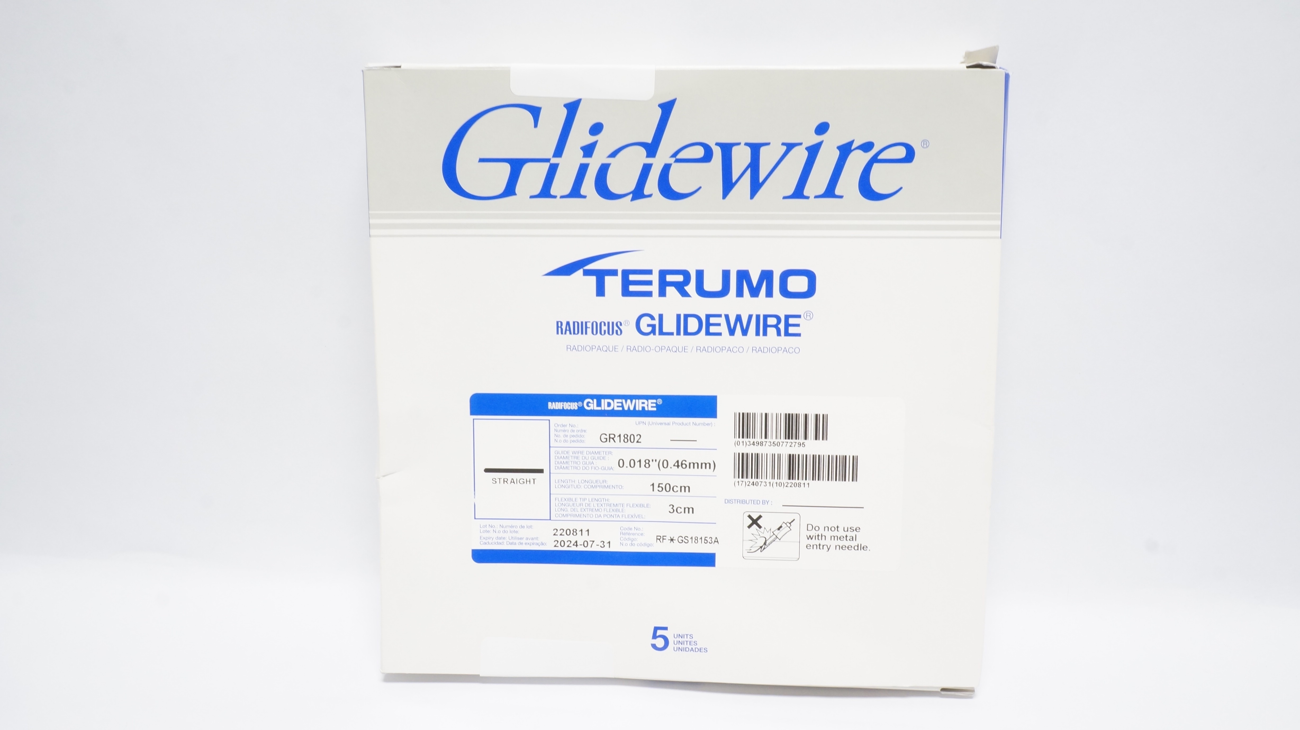 Terumo GR1802 Radifocus Glidewire Straight 0.018in. x 150cm x 3cm (x) - Box of 4