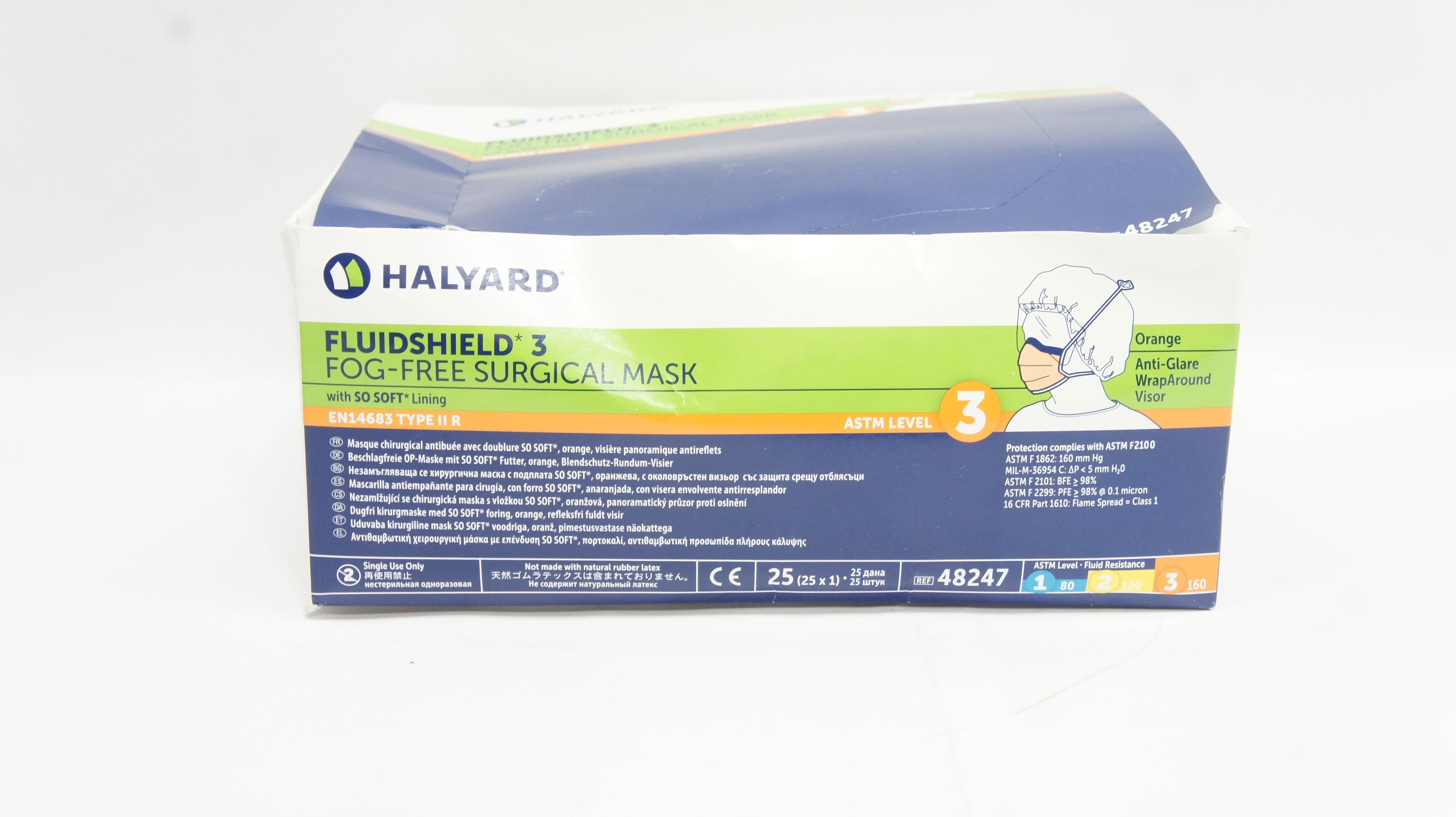 Halyard 48247 Fluidshield 3 Fog-Free Surgical Mask ASTM Level 3 - Box of 25 (x)