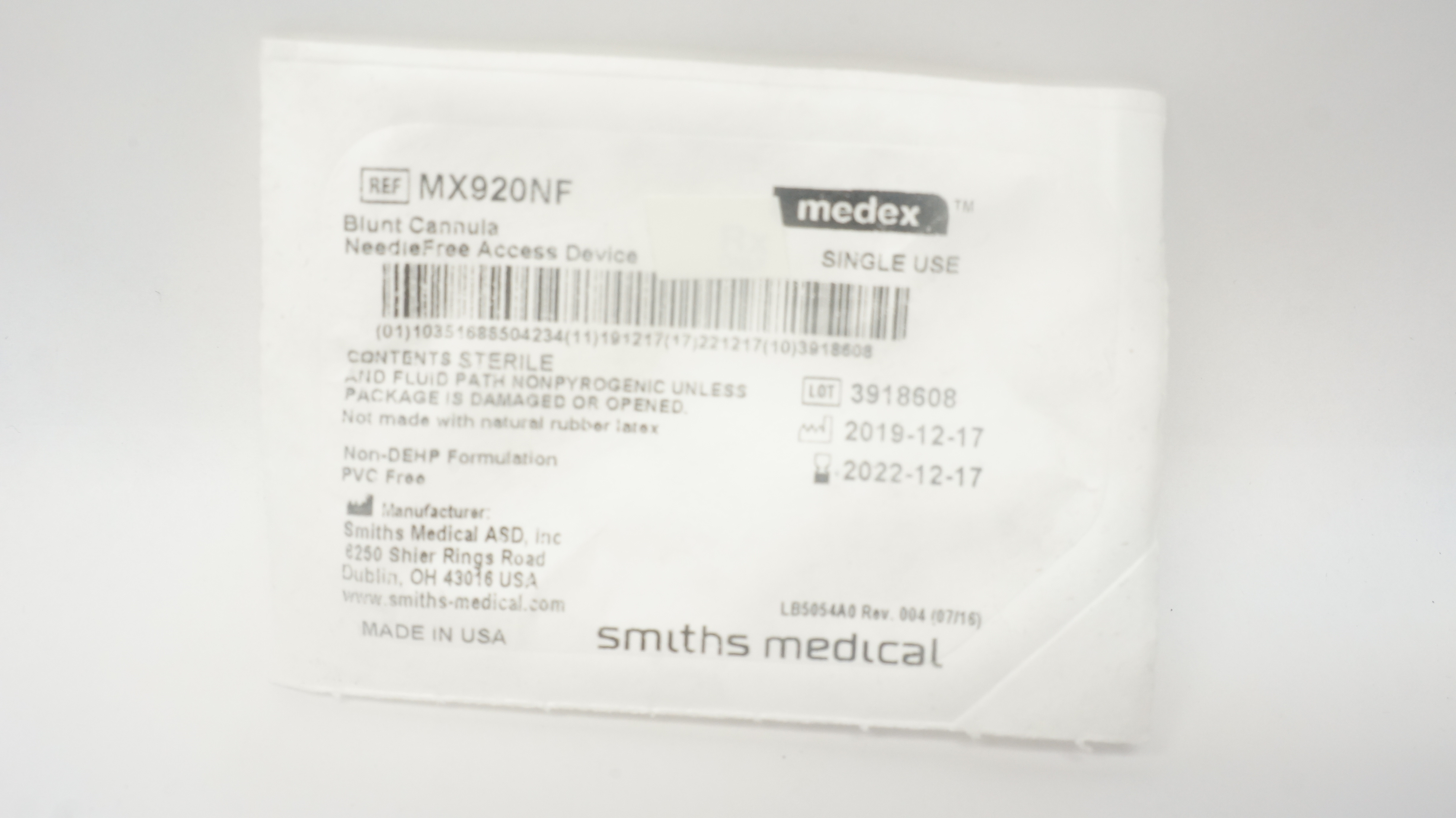 Smiths Medical MX920NF Medex Blunt Cannula Ndle.-Free Access Device