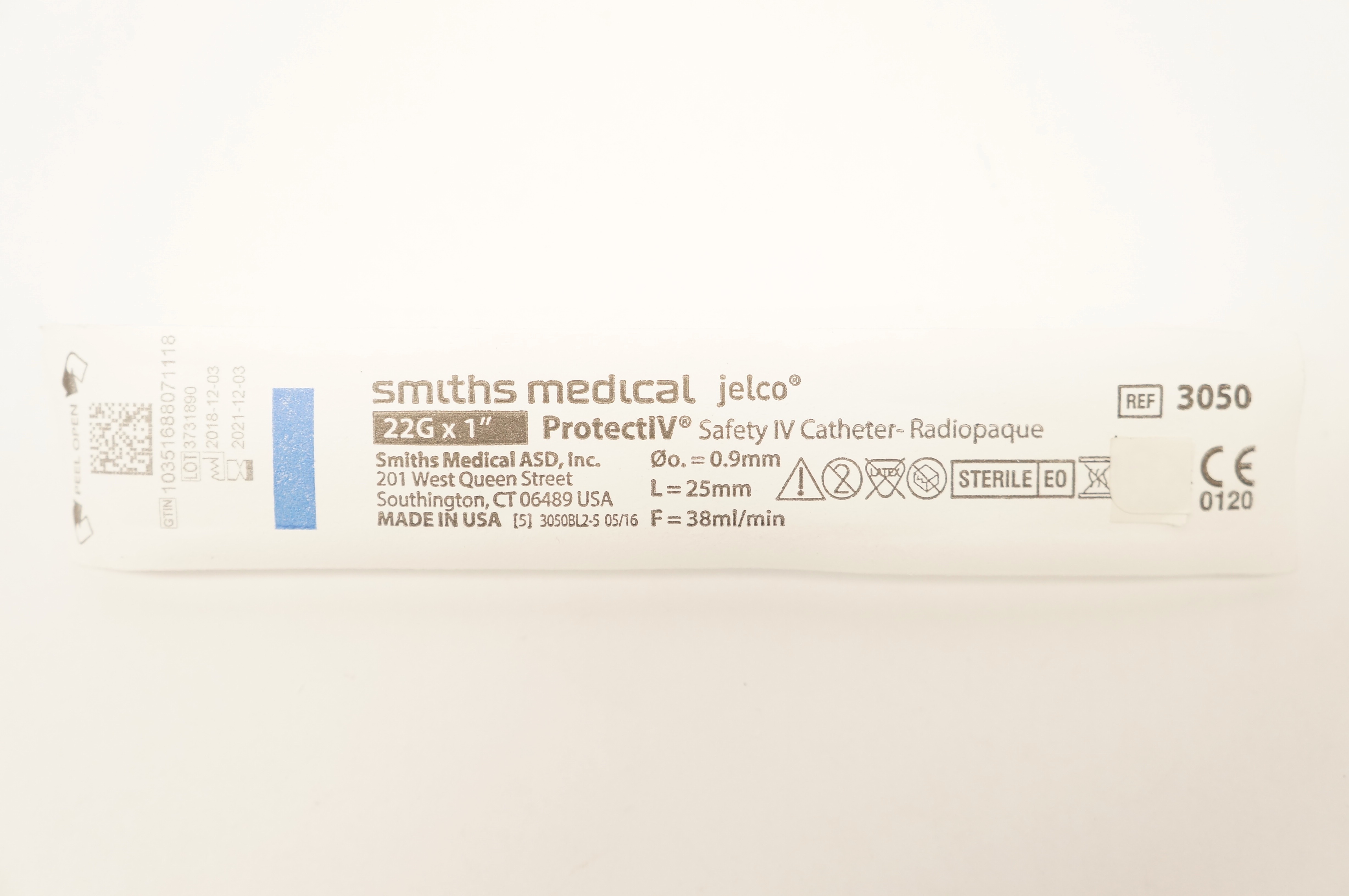 Smiths Medical 3050 JELCO ProtectIV Safety I.V. Cath. 22G x 1inch (x)