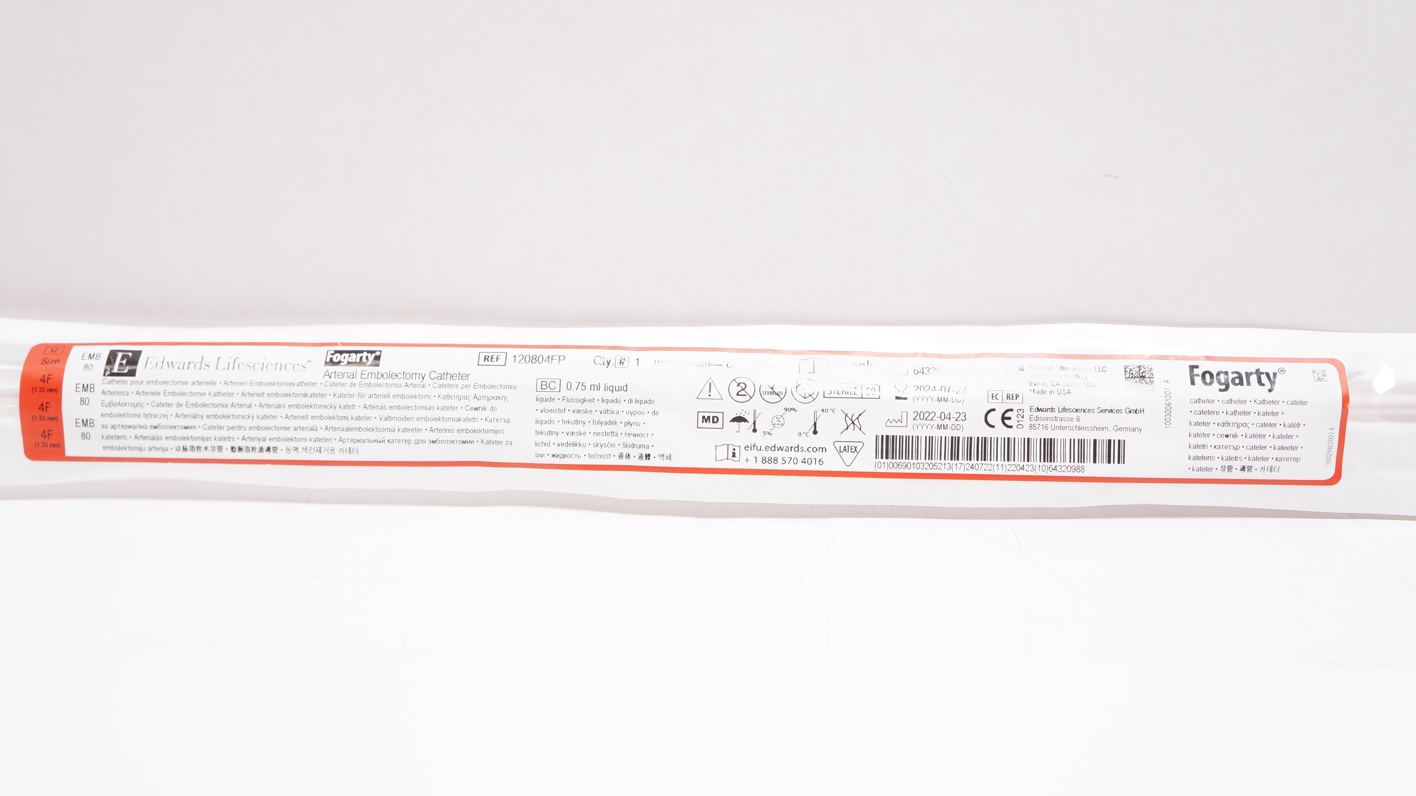 Edwards Lifesciences 120804FP Fogarty Arterial Embolectomy Cath. 4F x 80cm