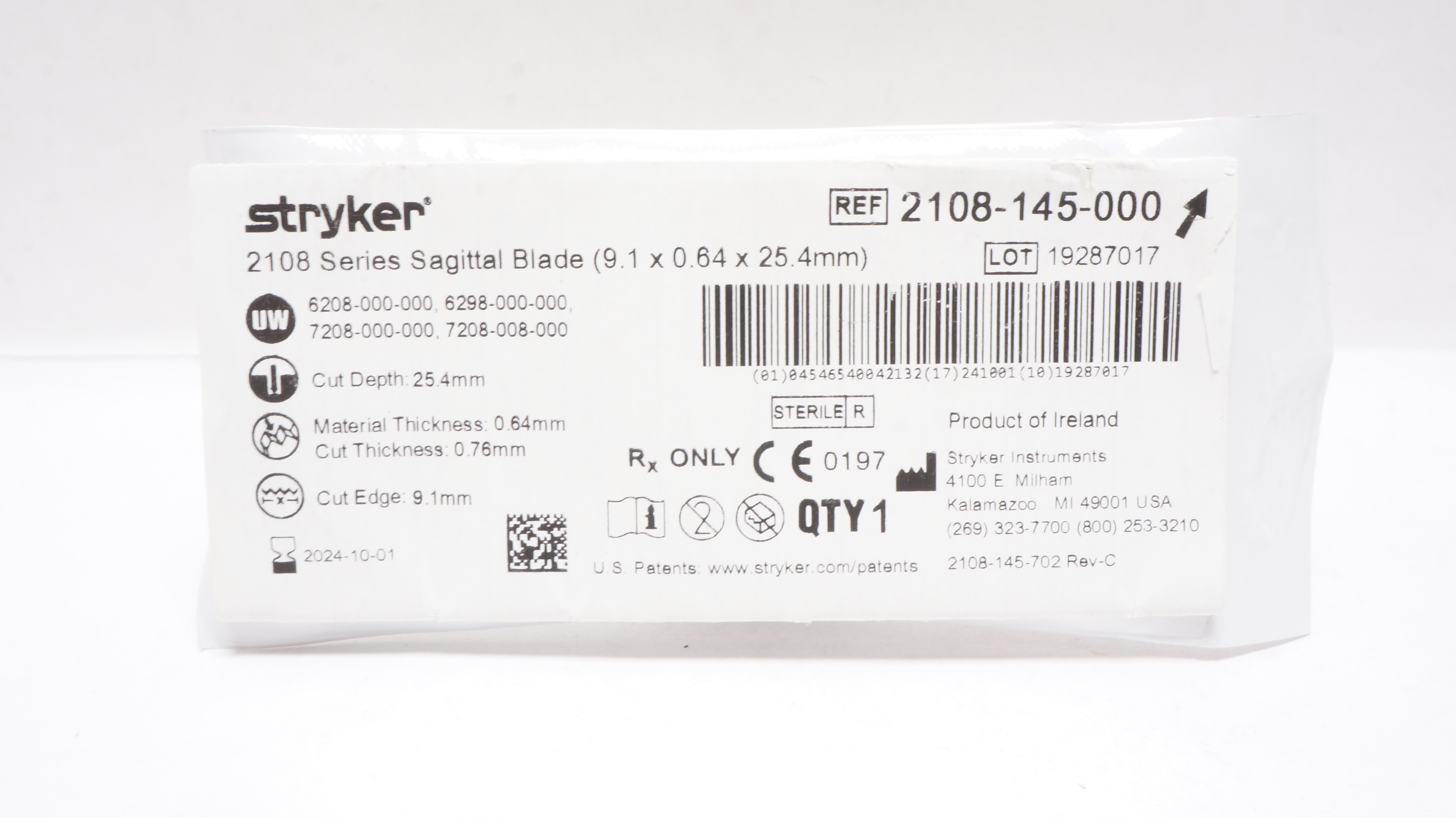 Stryker 2108-145-000 Sagittal Blade 9.1 x 0.64 x 25.4mm