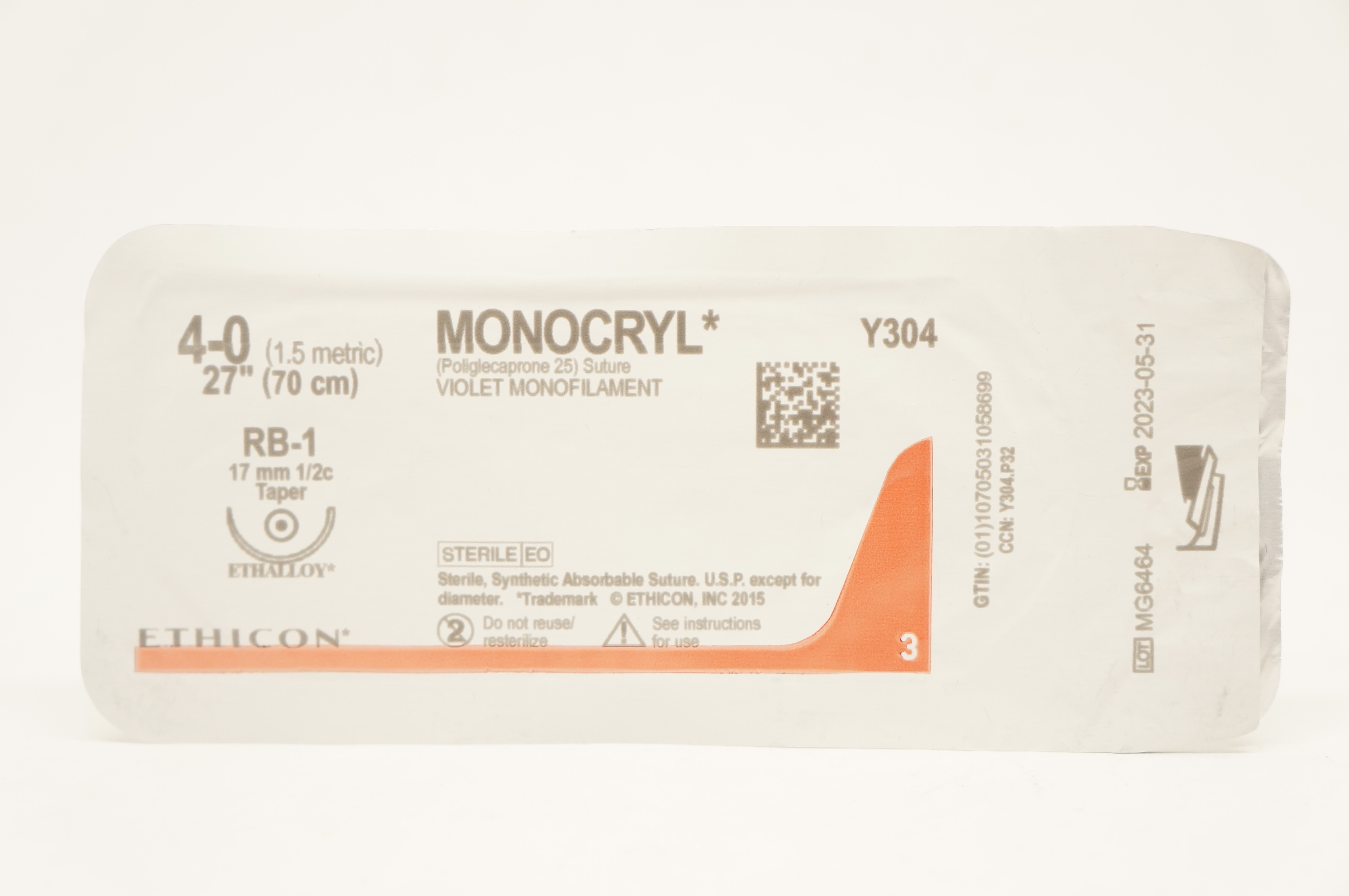 Ethicon Y304 4-0 Monocryl Poliglecaprone 25 Stre RB-1 17mm 1/2c Taper, 27inch