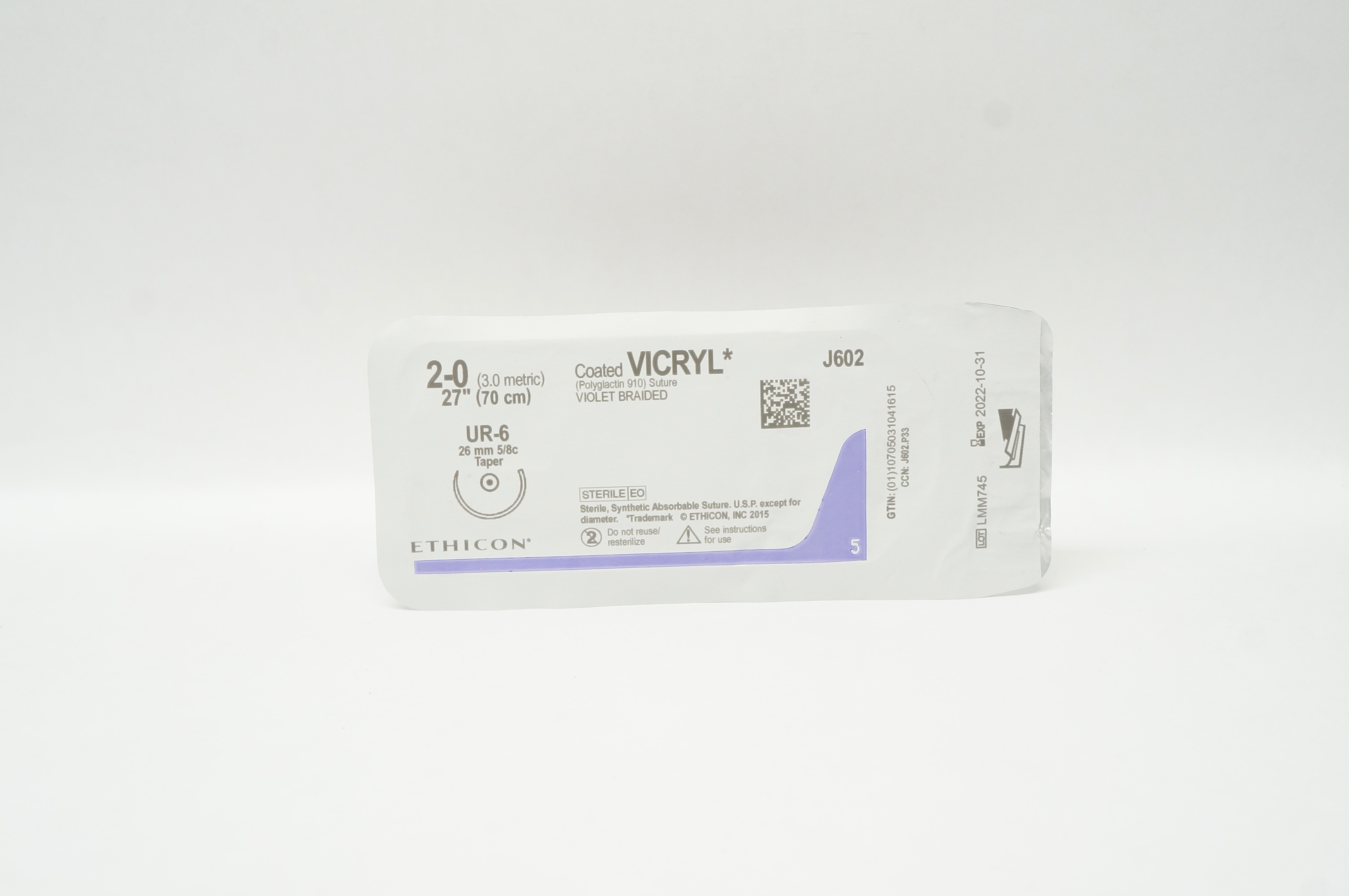 Ethicon J602 2-0 Coated VICRYL, UR-6, 26mm 5/8c Taper, 27inch