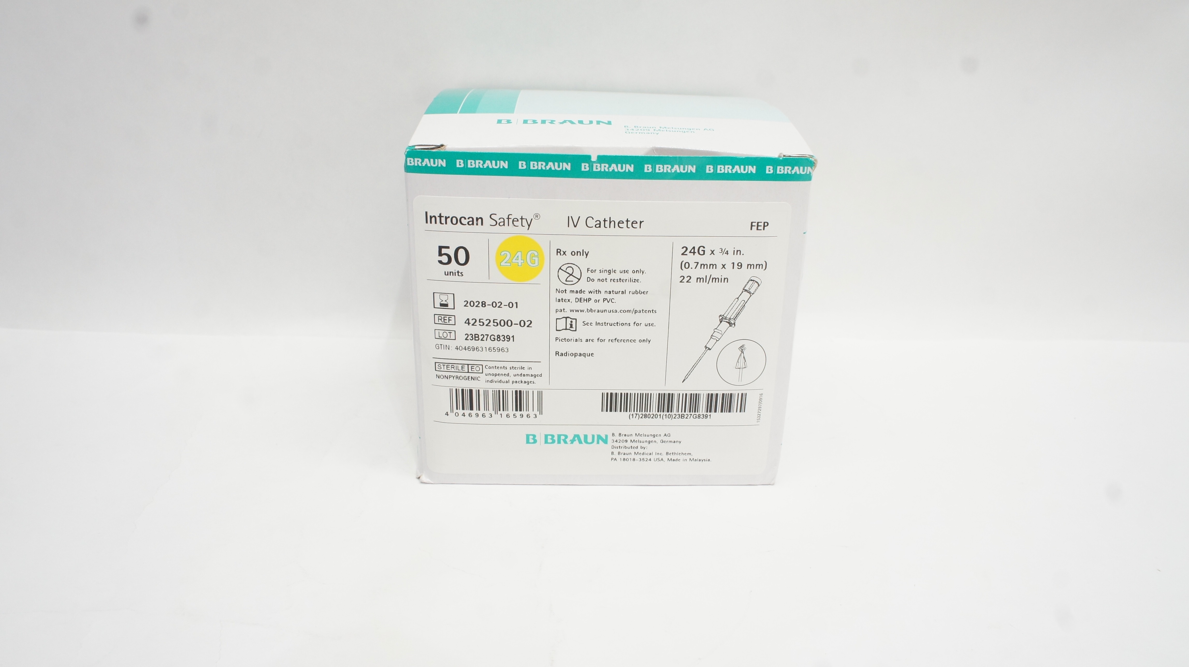 Braun 4252500-02 Introcan Safety IV Cath. 24G x 3/4inch x 22 mL/min - Box of 50