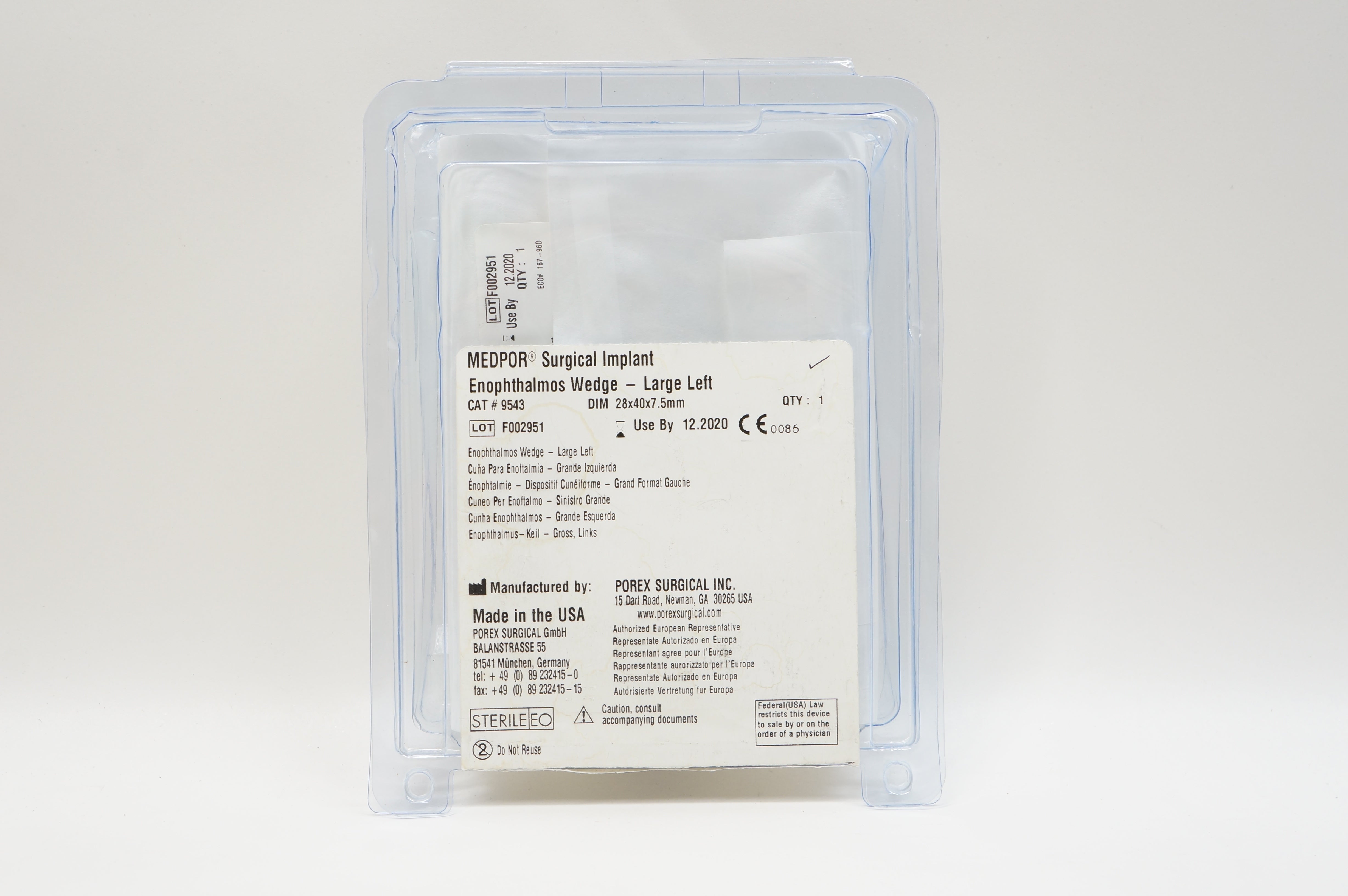 POREX 9543 MEDPOR Surgical Implant Enophthalmos Wedge - Large Left 28x40x7.5mm