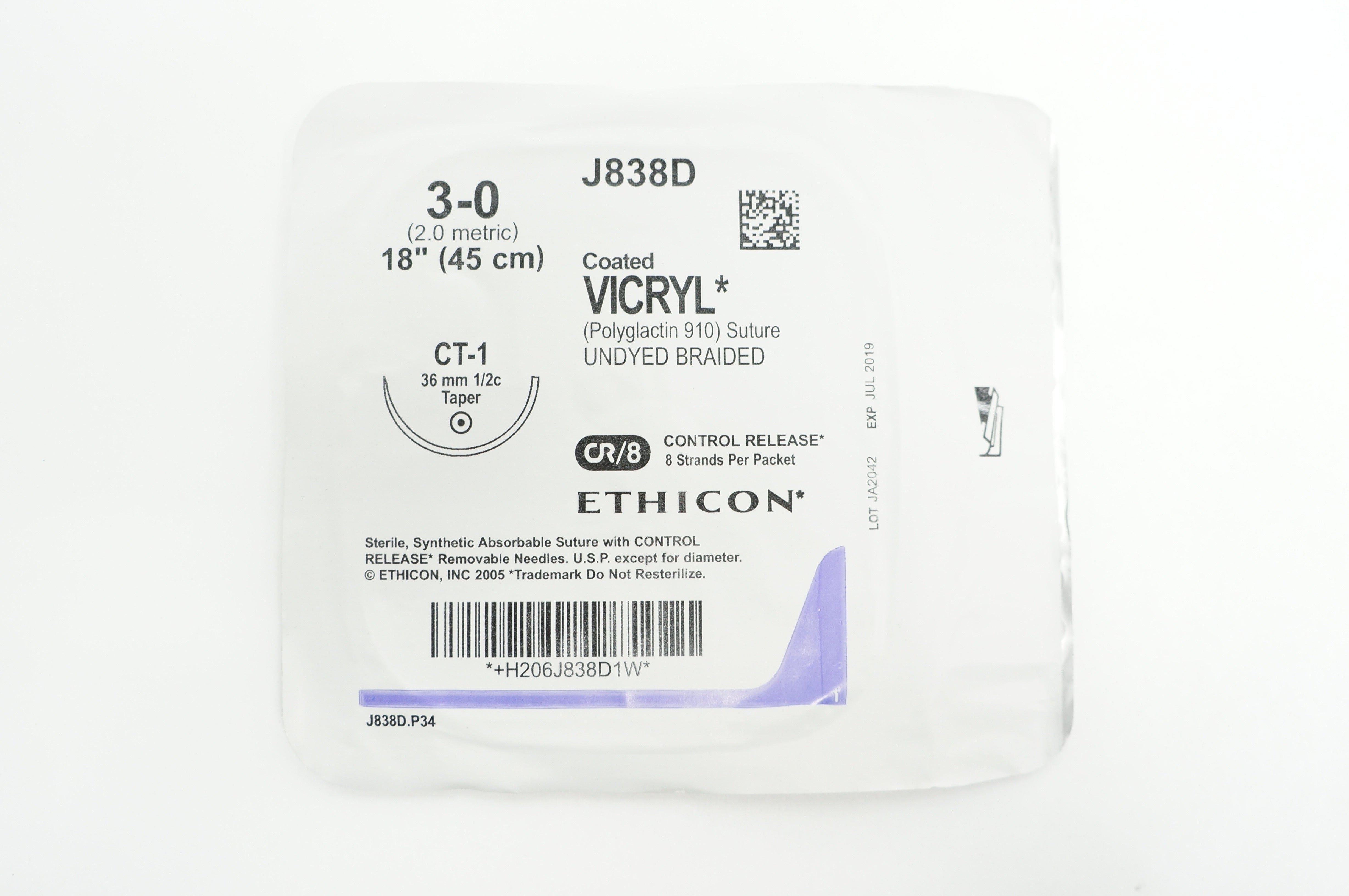 Ethicon J838D 3-0 VICRYL CT-1 36mm 1/2c Taper 18 inch (x)