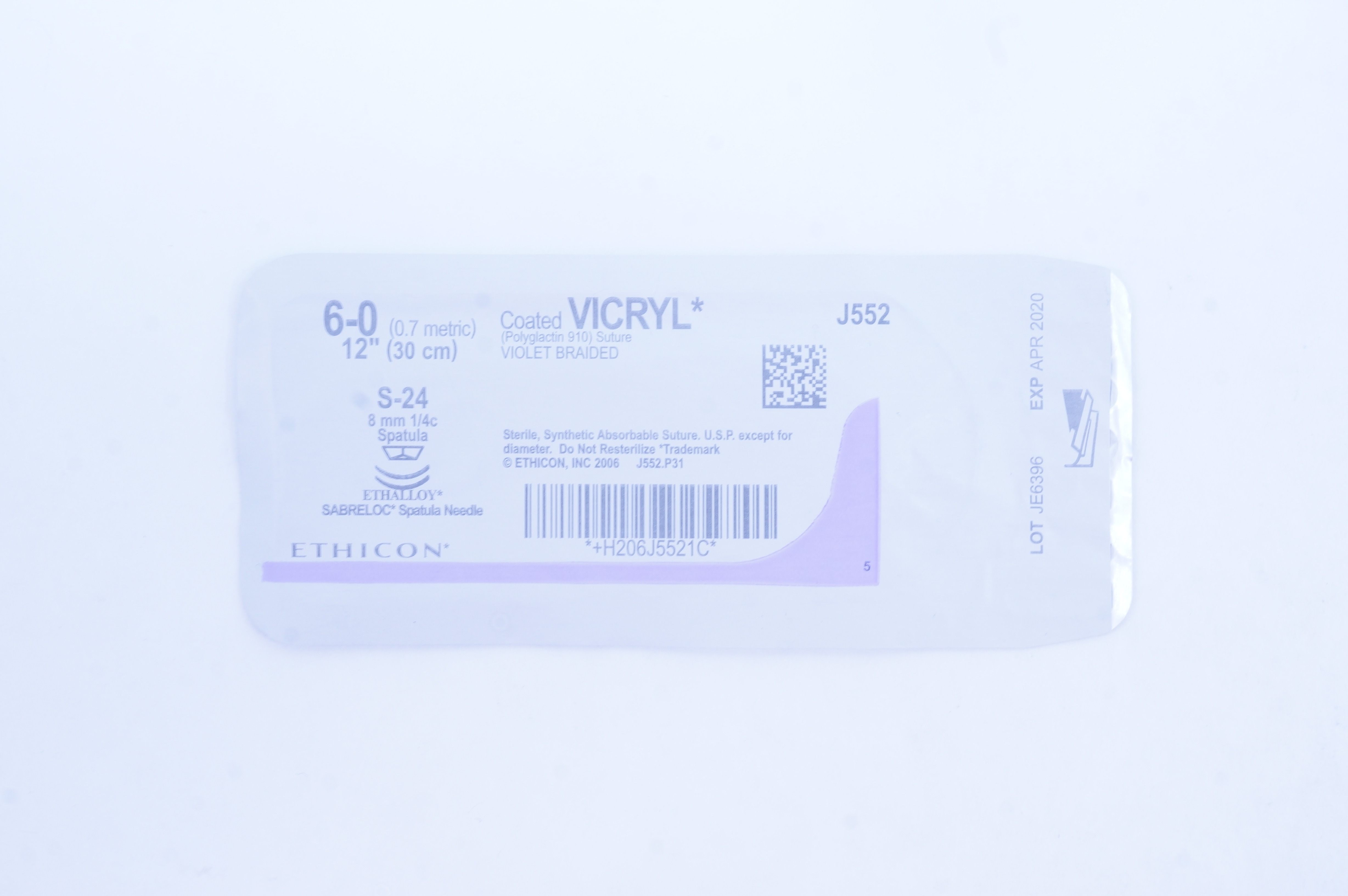 Ethicon J552 6-0 Coated VICRYL S-24 8mm 1/4c Spatula, 12inch (x)
