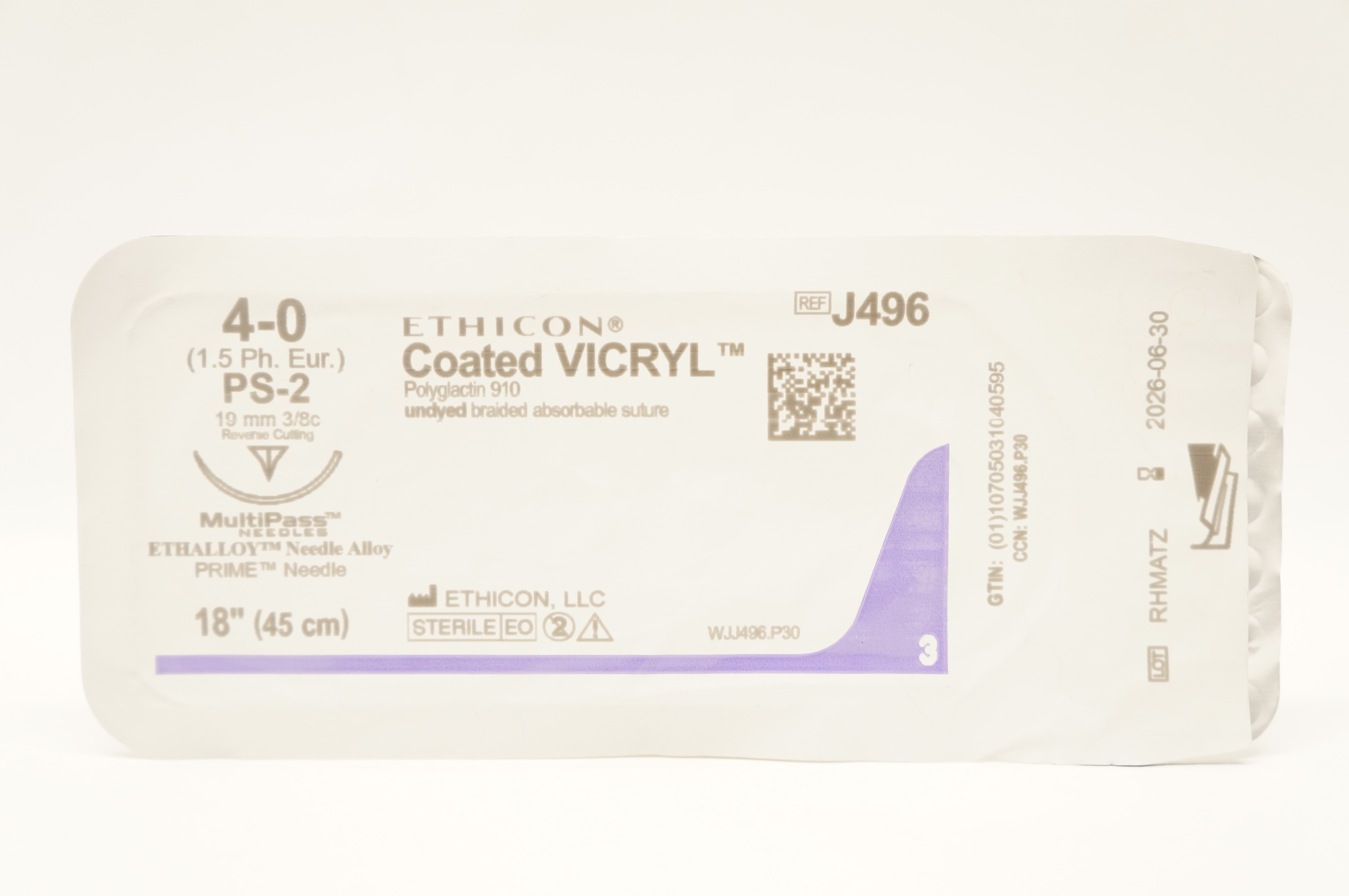 Ethicon J496 4-0 Coated VICRYL Stre PS-2 19mm 3/8c Reverse Cutting 18inch