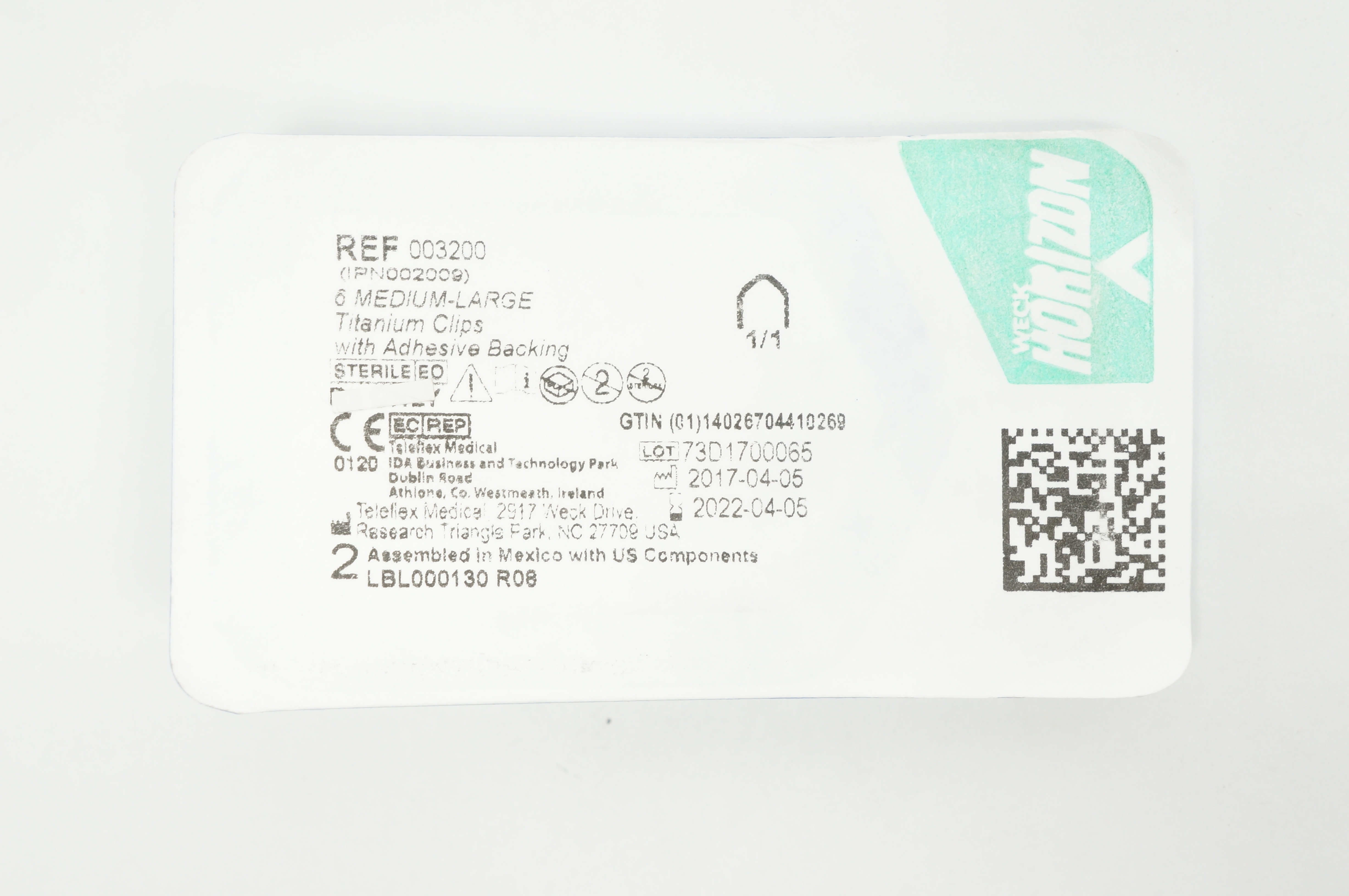 Weck Horizon 003200 Teleflex 6 Medium-Large Titanium Clips with Adhesive Backing