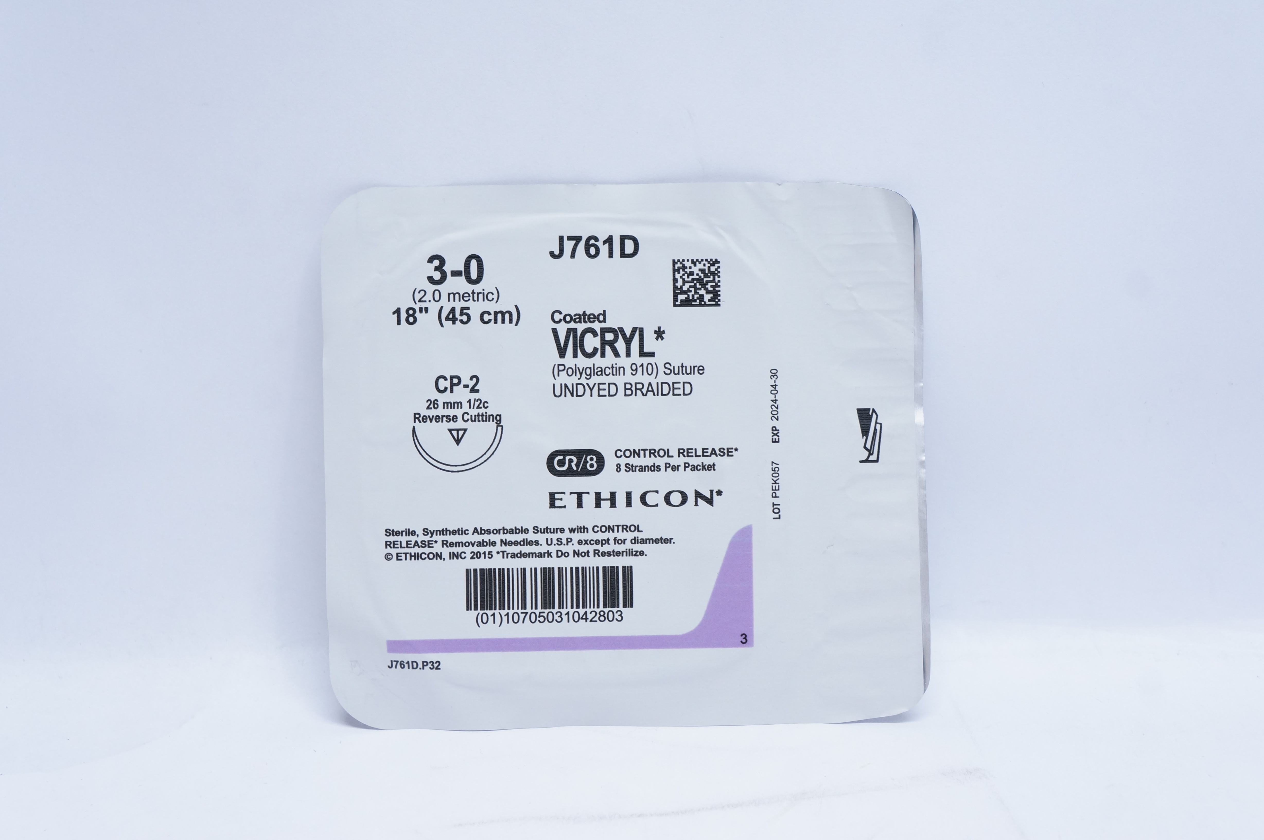 Ethicon J761D 3-0 VICRYL, CP-2, 26mm 1/2c Reverse Cutting, 18inch