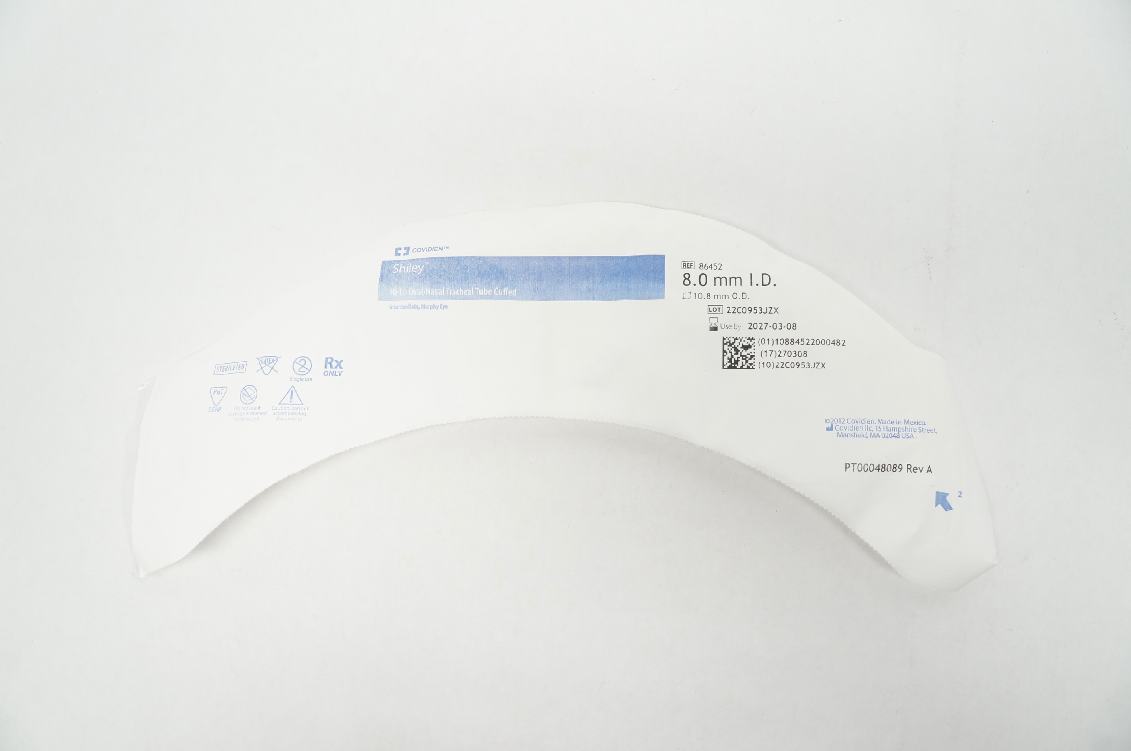 Covidien 86452 Shiley Hi-Lo Oral/Nasal Tracheal Tube Cuffed 8.0mm ID x 10.8mm OD