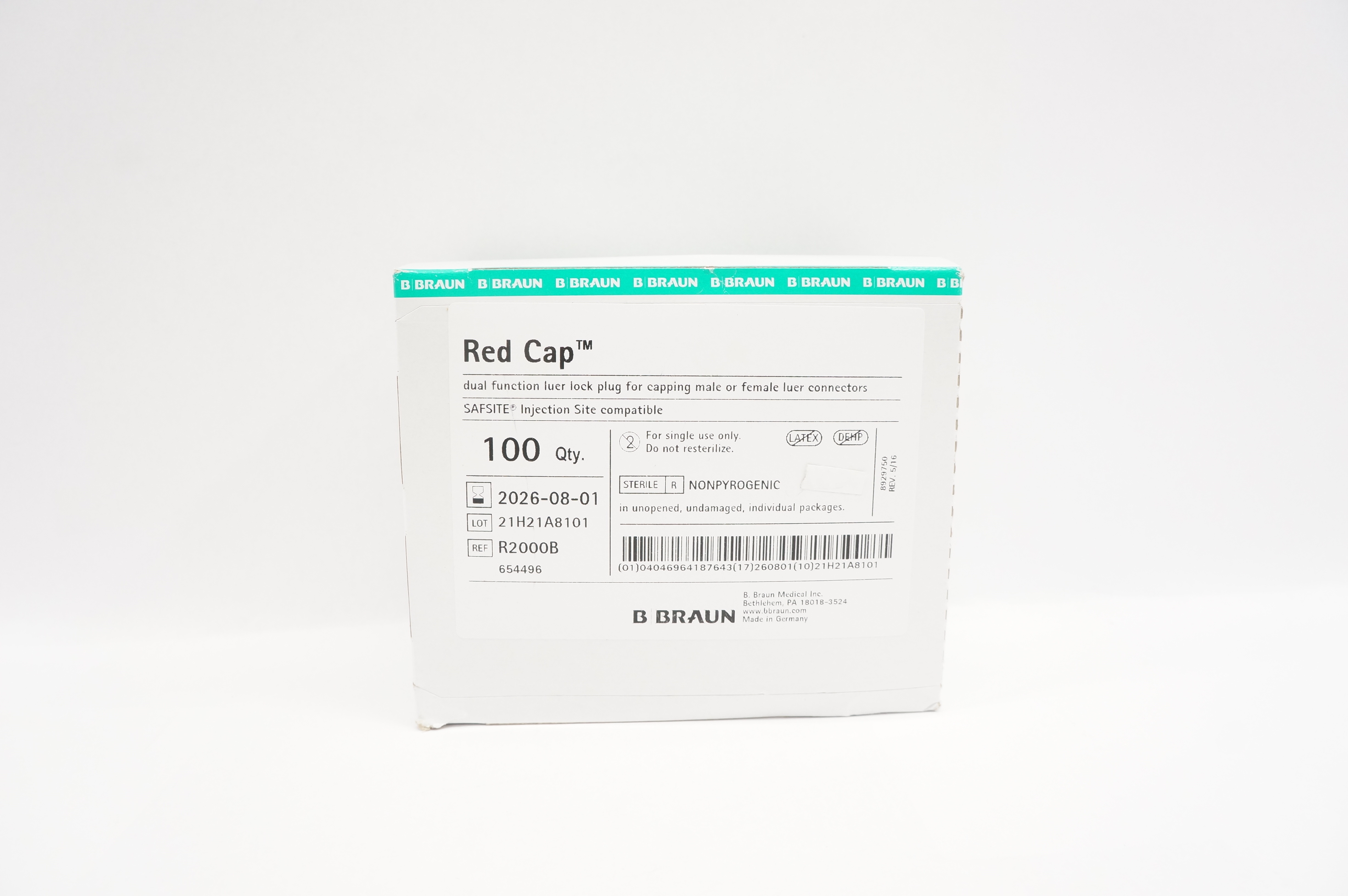Braun R2000B Red Cap Dual Function Luer Lock Plug - Box of 100