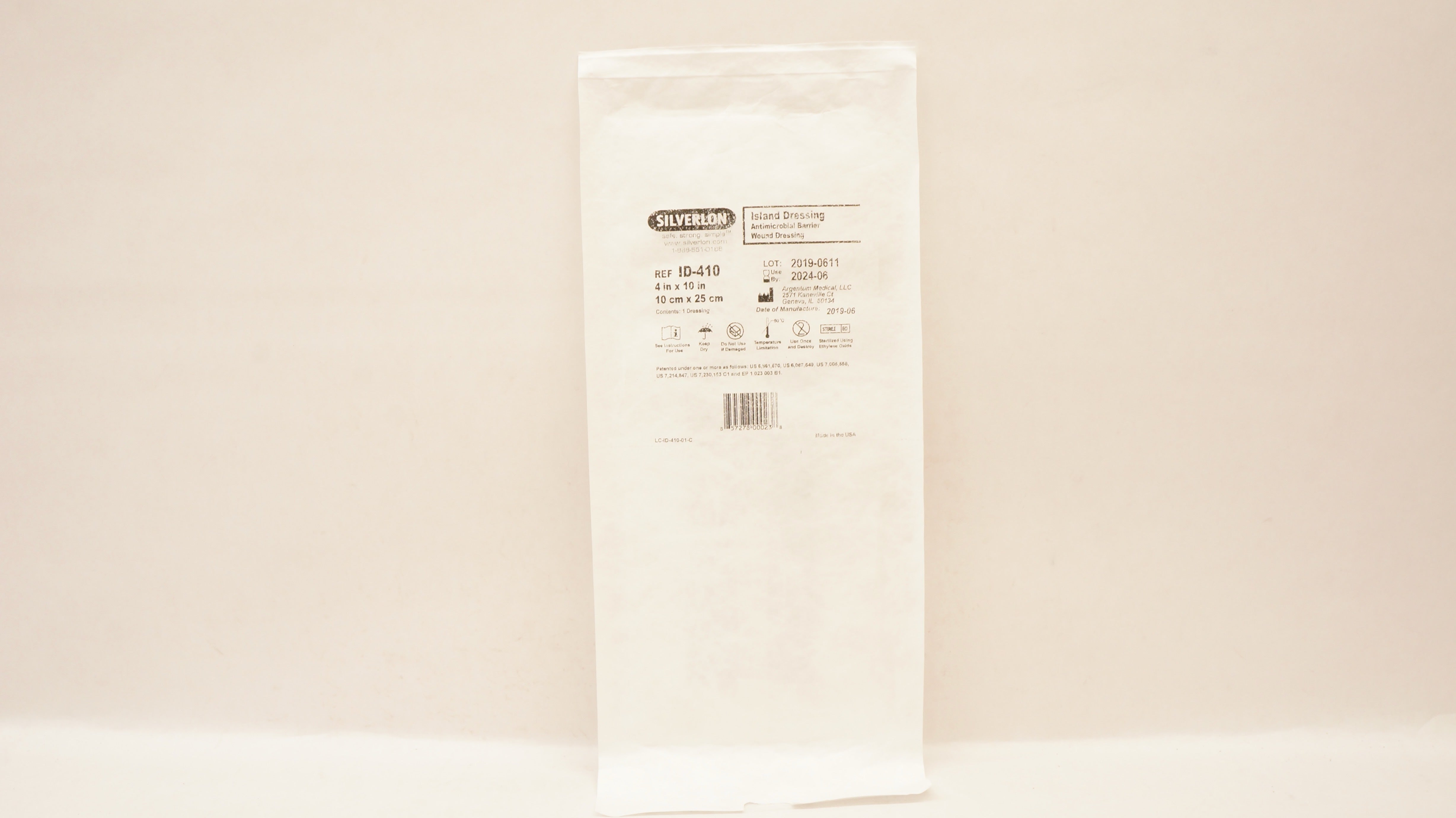 Silverlon ID-410 Island Antibacterial Barrier Wound Dressing 4x10inch