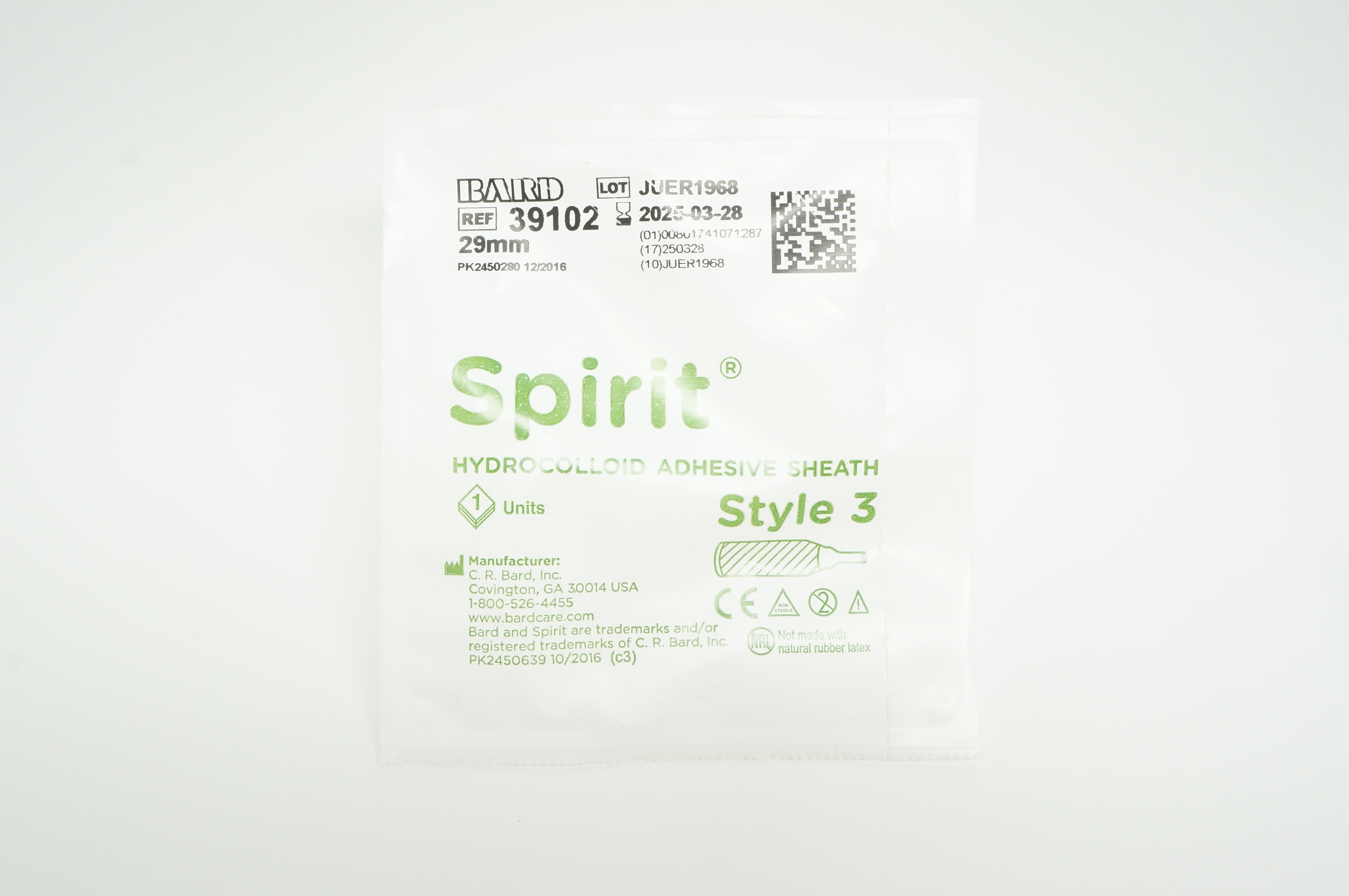 Bard 39102 Spirit Hydrocolloid Adhesive Sheath Style 3, 29mm