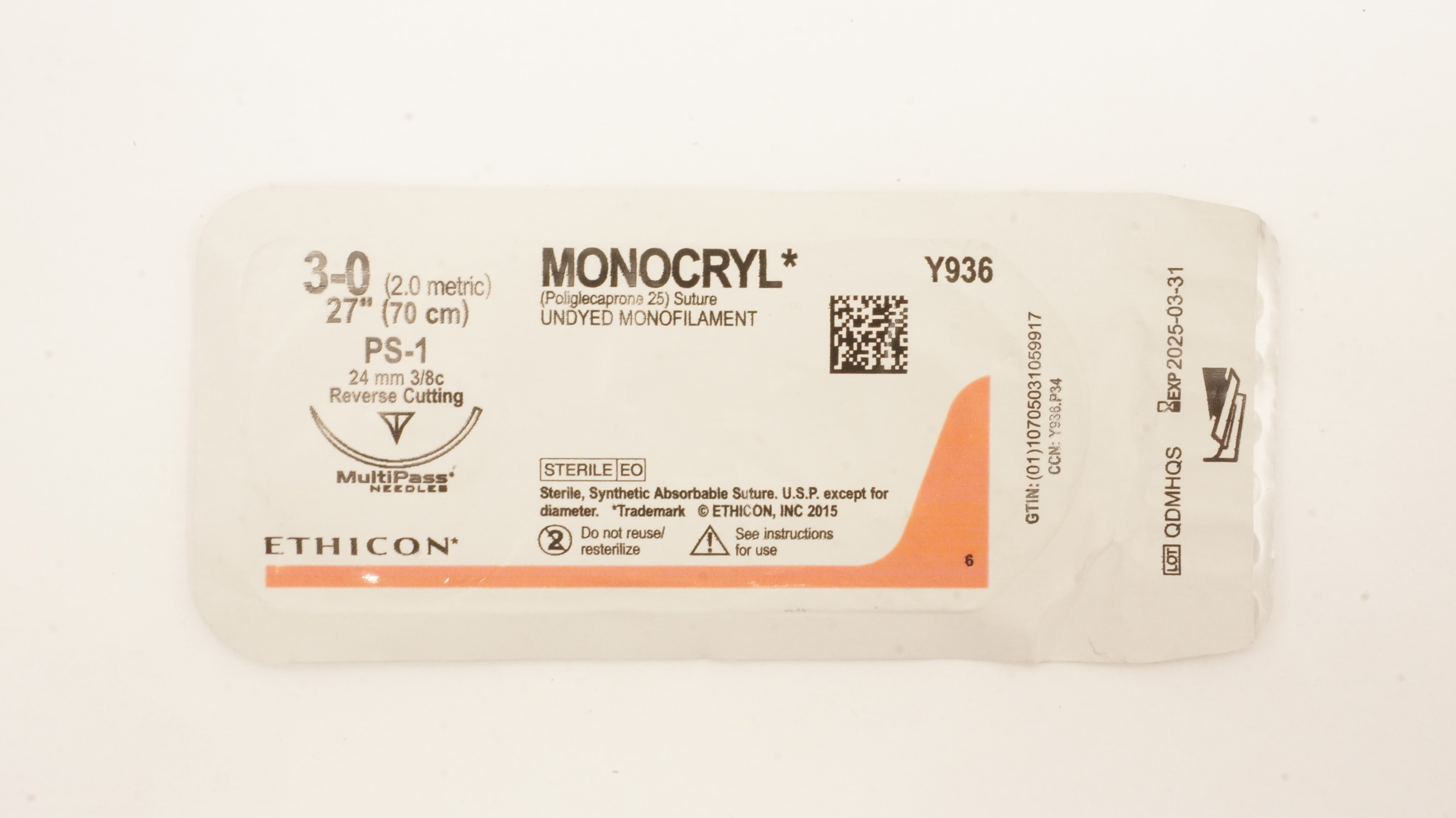 Ethicon Y936 3-0 MONOCRYL Undyed Monofilament, PS-1 24mm 3/8c Reverse Cutting, 27inch