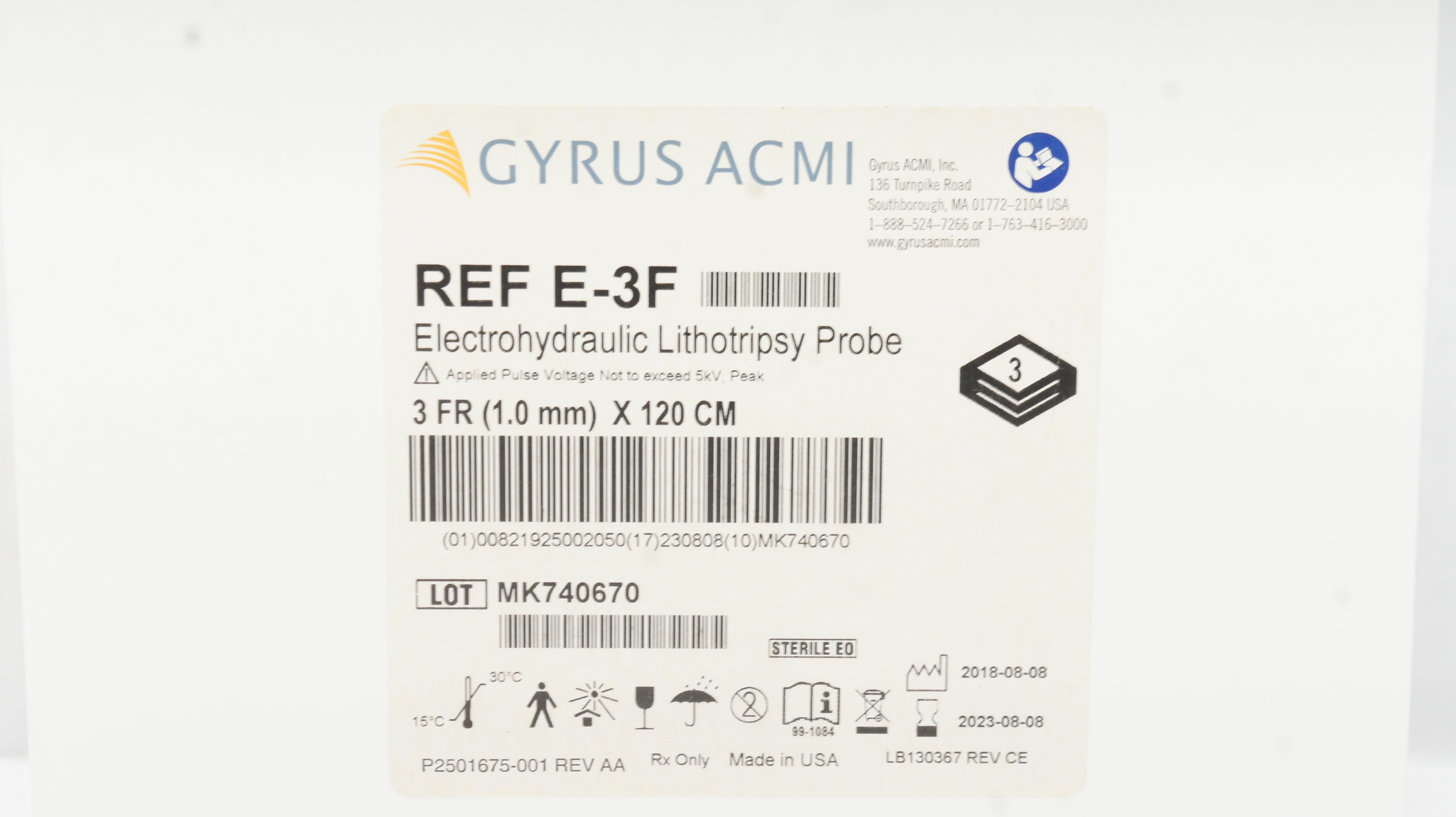 Gyrus ACMI E-3F Electrohydraulic Lithotripsy Probe 3Fr x 120cm (x) - Box of 3