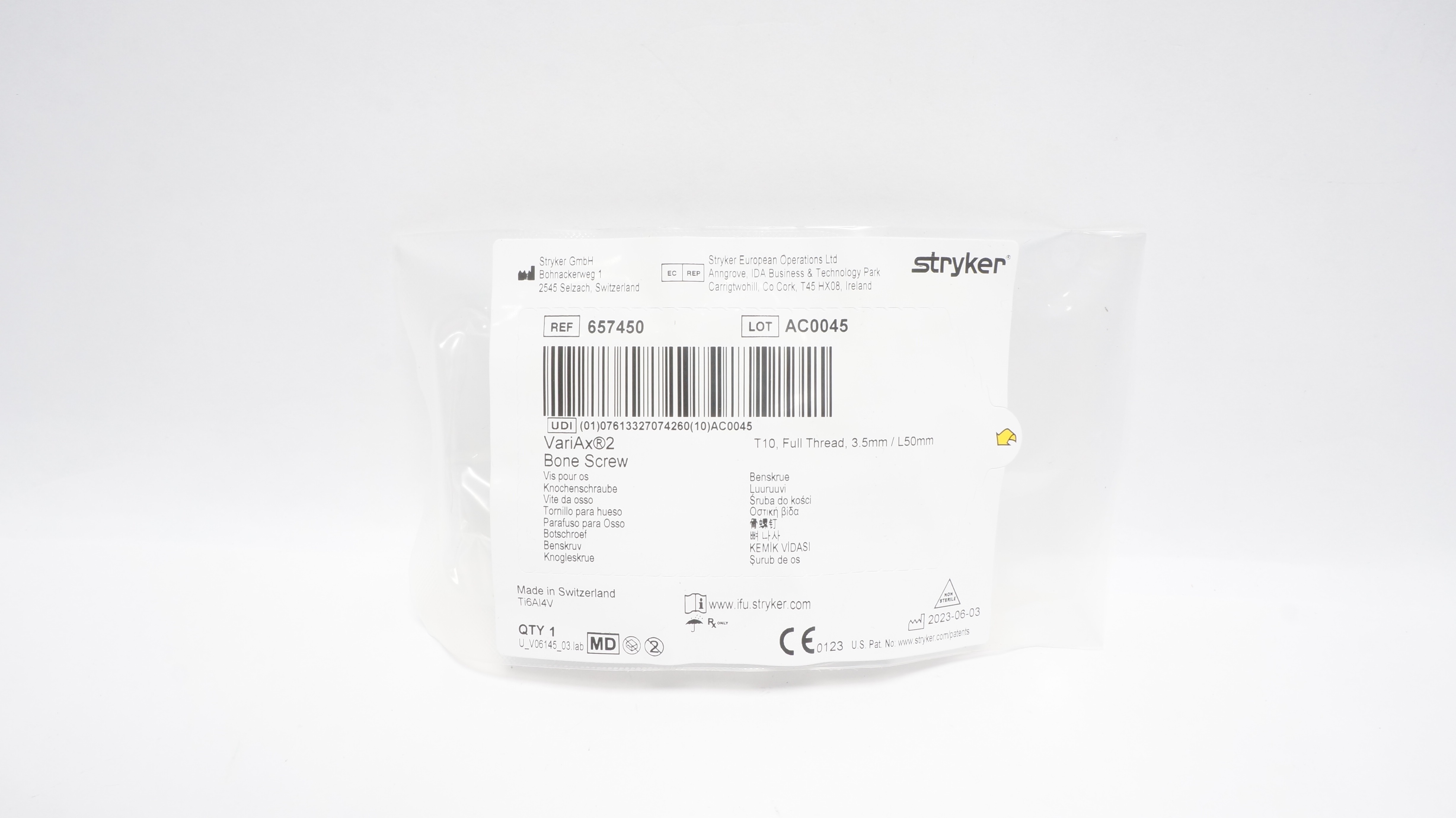 Stryker 657450 VariAx2 Bone Screw T10, Full Threaded, 3.5mm/L50mm